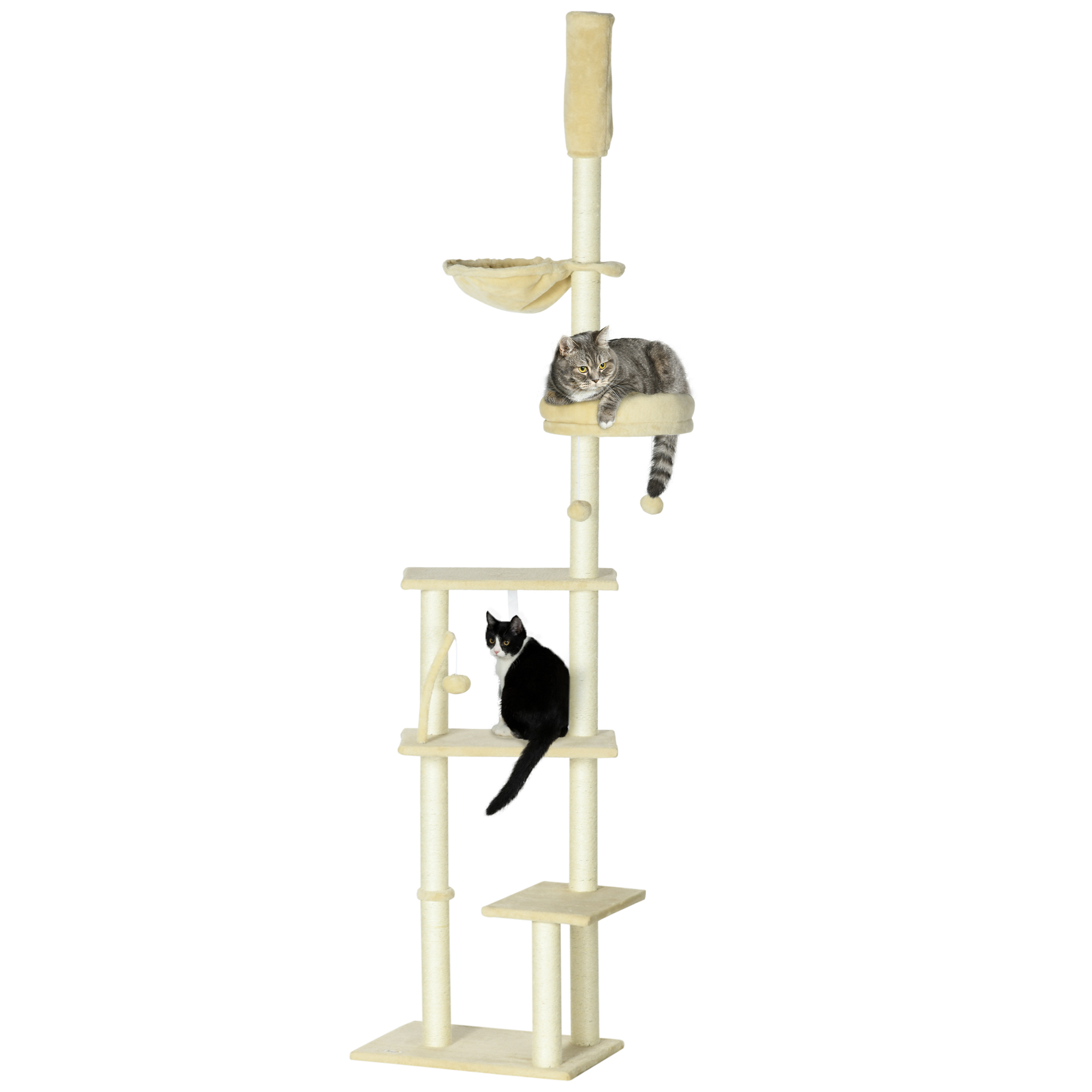 PawHut Floor to Ceiling Cat Tree, 90.5" - 98.5" Adjustable Height, Cat Climbing Tower with Carpeted Platforms, Cozy Bed, Hammock, Scratching Posts, Toy Balls, Activity Center for Kittens, Beige