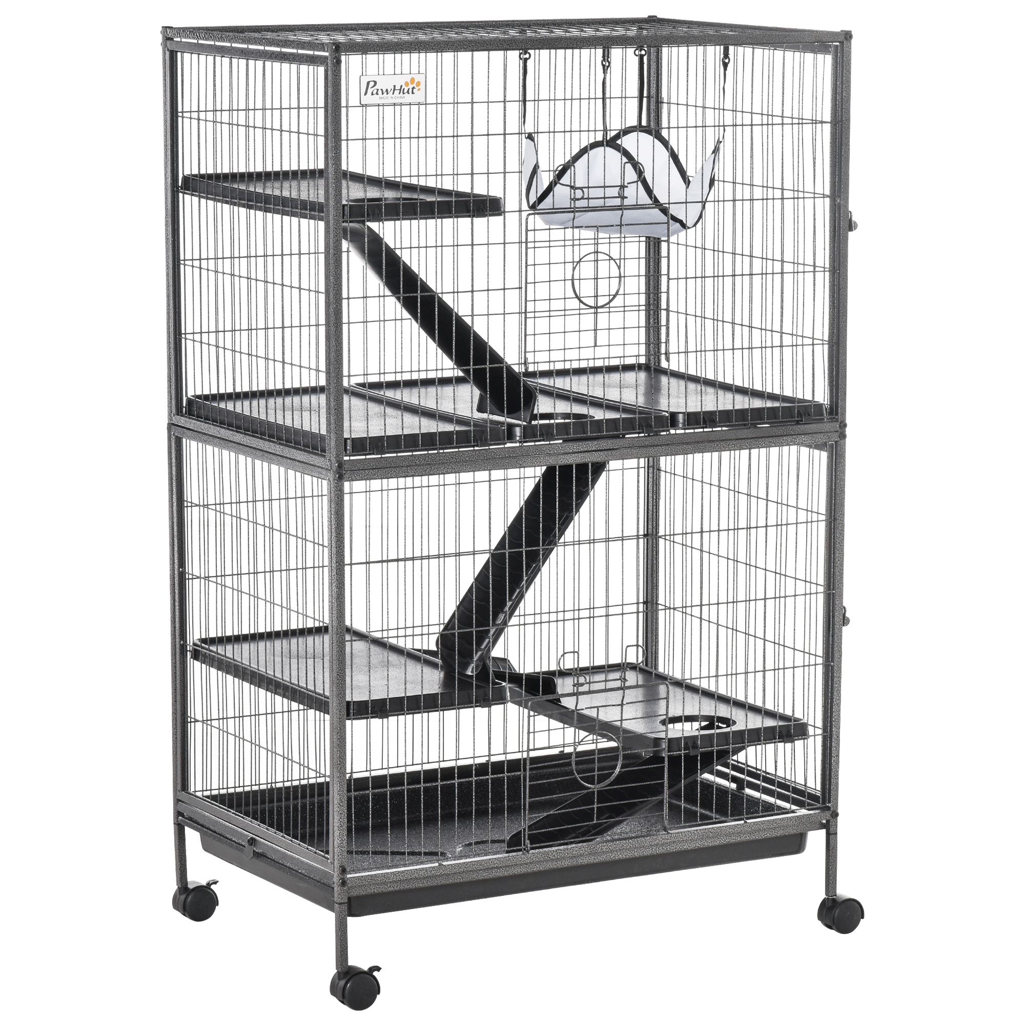 PawHut 50" H 5-Tier Small Animal Cage, Ferret Cage, Large Chinchilla Cage with Hammock Accessory Heavy-Duty Steel Wire, Small Animal Habitat with 4 Doors, Removable Tray, Silver