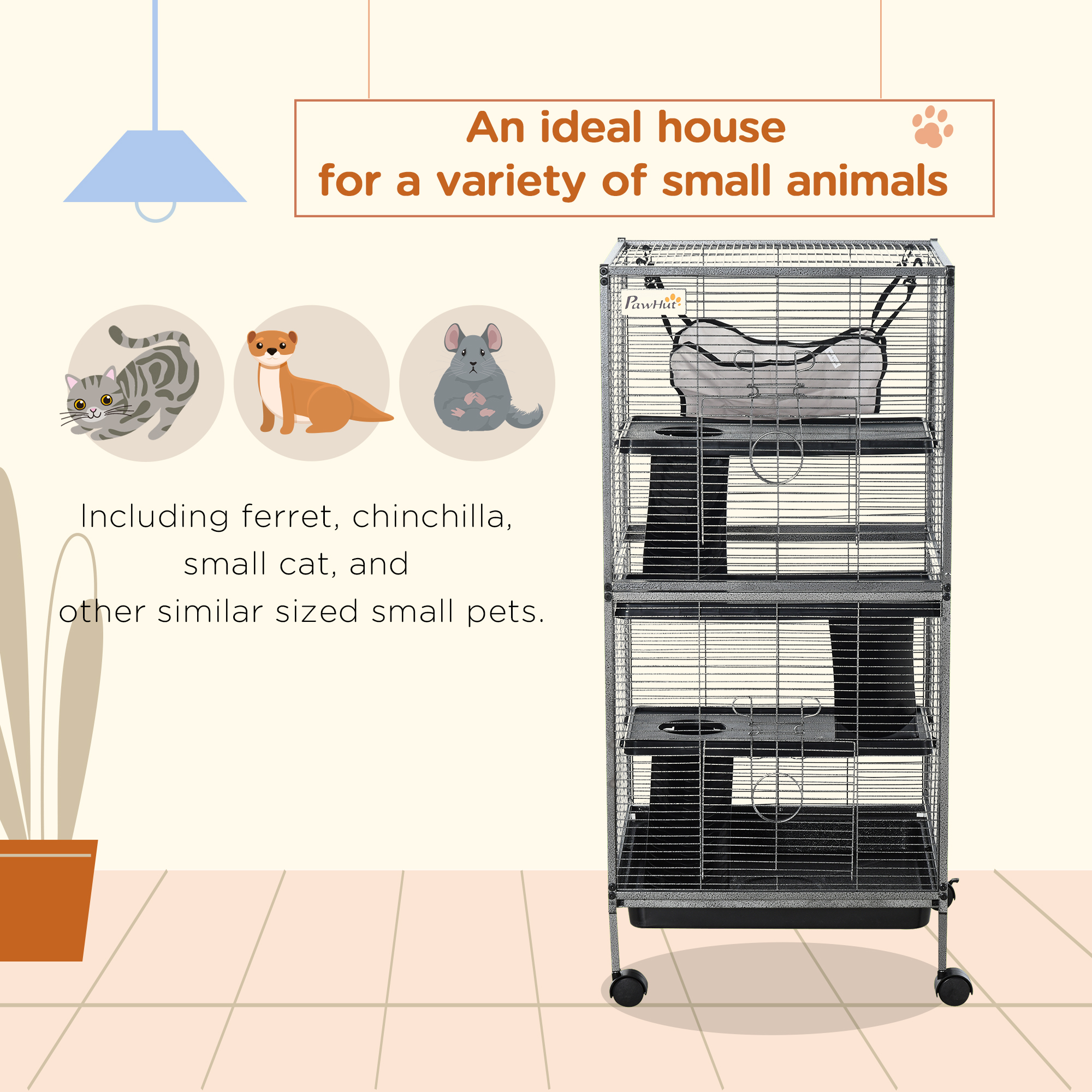 PawHut Metal Small Animal Cage Rolling Big Ferret Cage, Chinchilla Cage, Sugar Glider Cage, with Hammock & 4 Tiers, Removable Tray, Gray