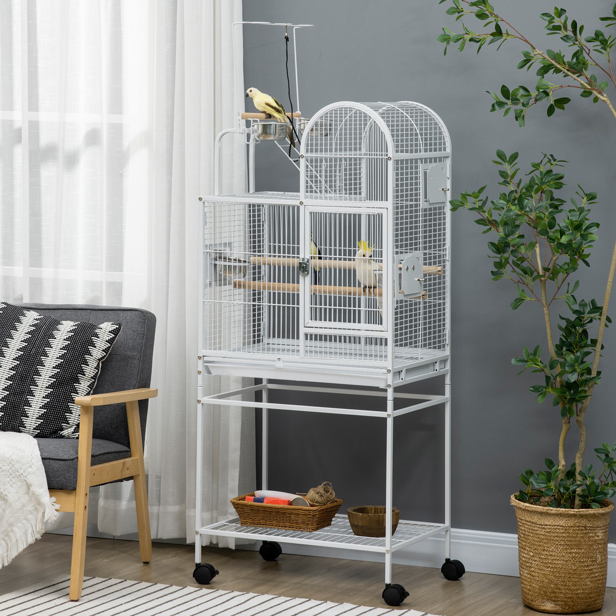 PawHut 55" Large Parrot Cage with Toy Hooks Above Top Bird Perch, Tray, Food Cups, Rolling Stand, Bird Cage for Cockatiels, Parakeets, Lovebirds