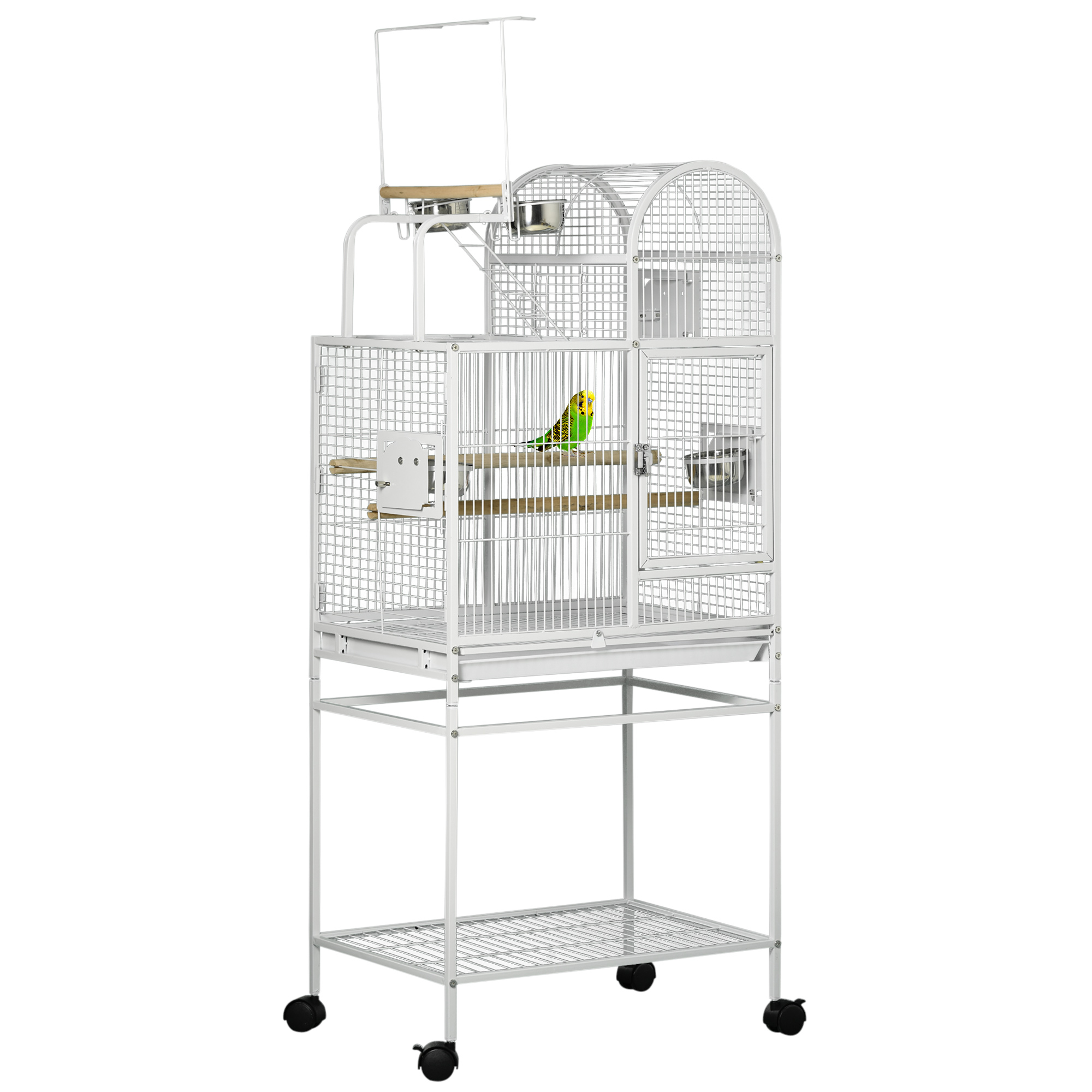 PawHut 55" Large Parrot Cage with Toy Hooks Above Top Bird Perch, Tray, Food Cups, Rolling Stand, Bird Cage for Cockatiels, Parakeets, Lovebirds