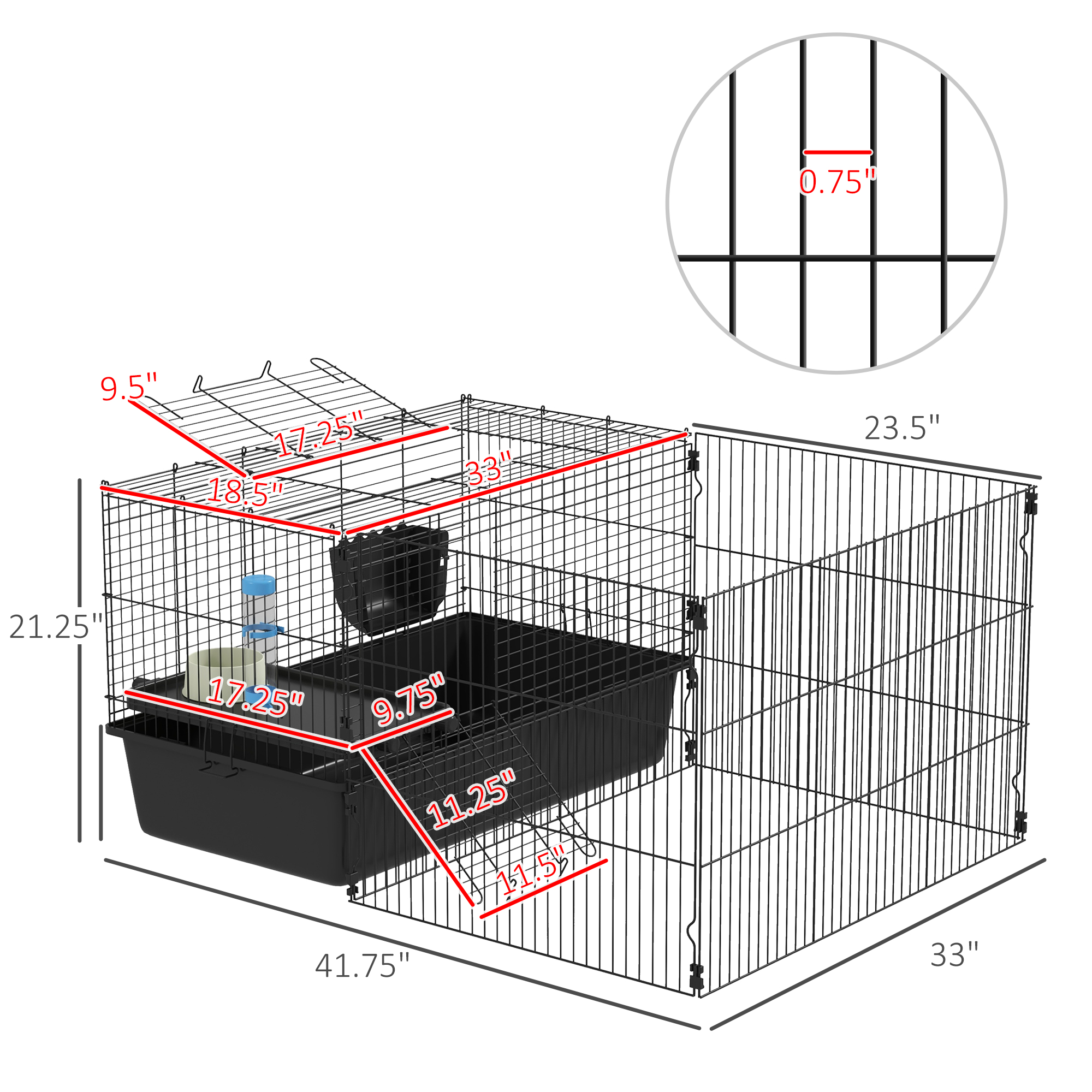 PawHut Small Animal Cage with Playpen, Pet Habitat Indoor for Guinea Pigs Hedgehogs Bunnies with Accessories, Water Bottle, Food Dish, Feeding Trough, 42" x 33" x 21"