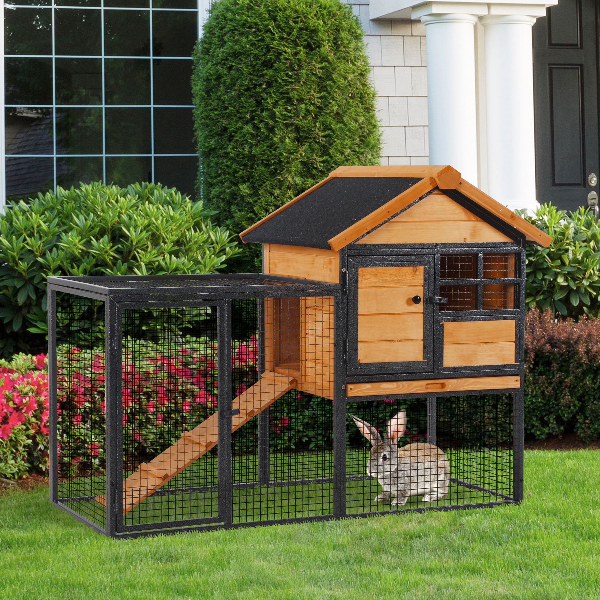 PawHut 2-Level Rabbit Hutch Bunny House with Weatherproof Asphalt Roof, Removable Tray and Ramp for Outdoor