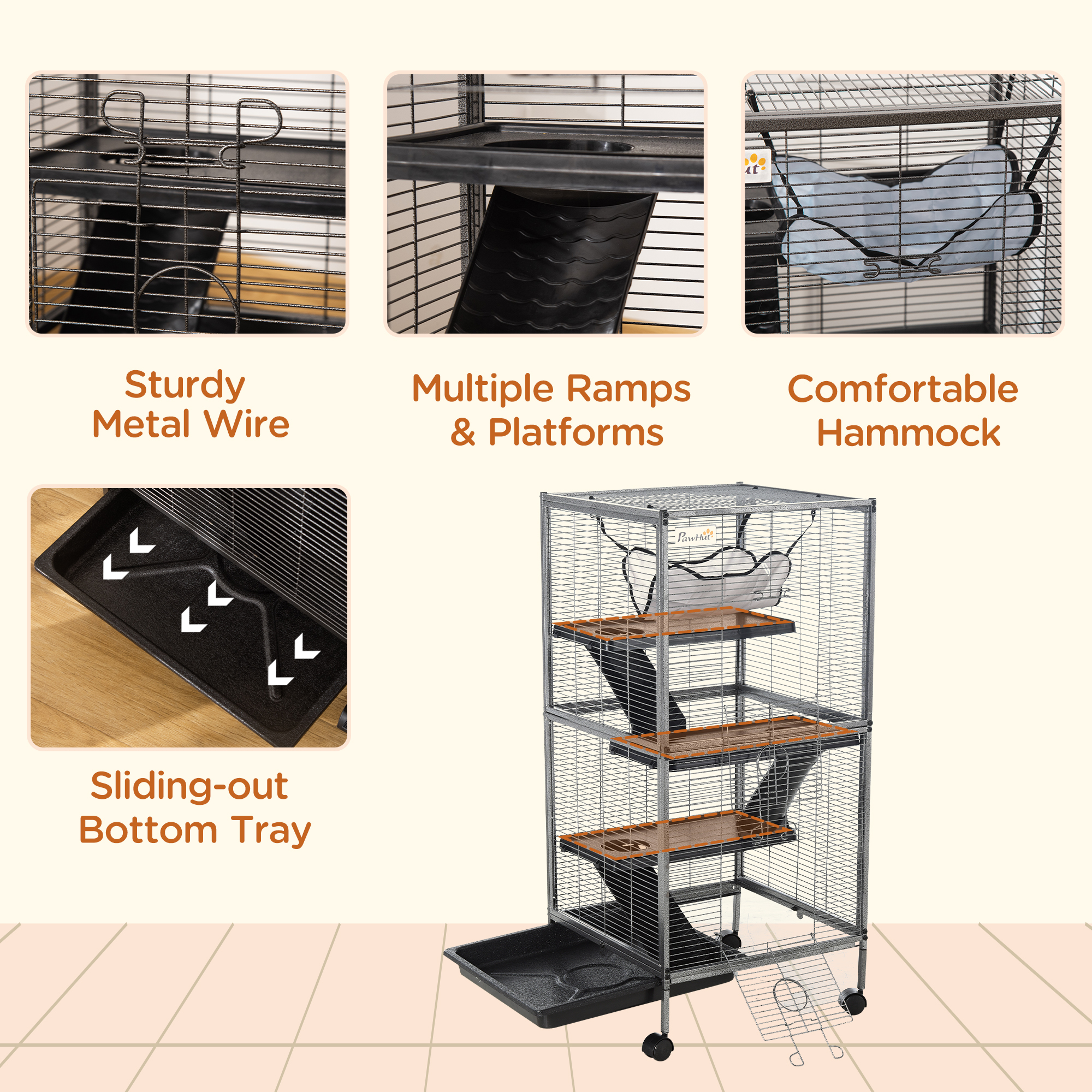 PawHut Metal Small Animal Cage Rolling Big Ferret Cage, Chinchilla Cage, Sugar Glider Cage, with Hammock & 4 Tiers, Removable Tray, Gray