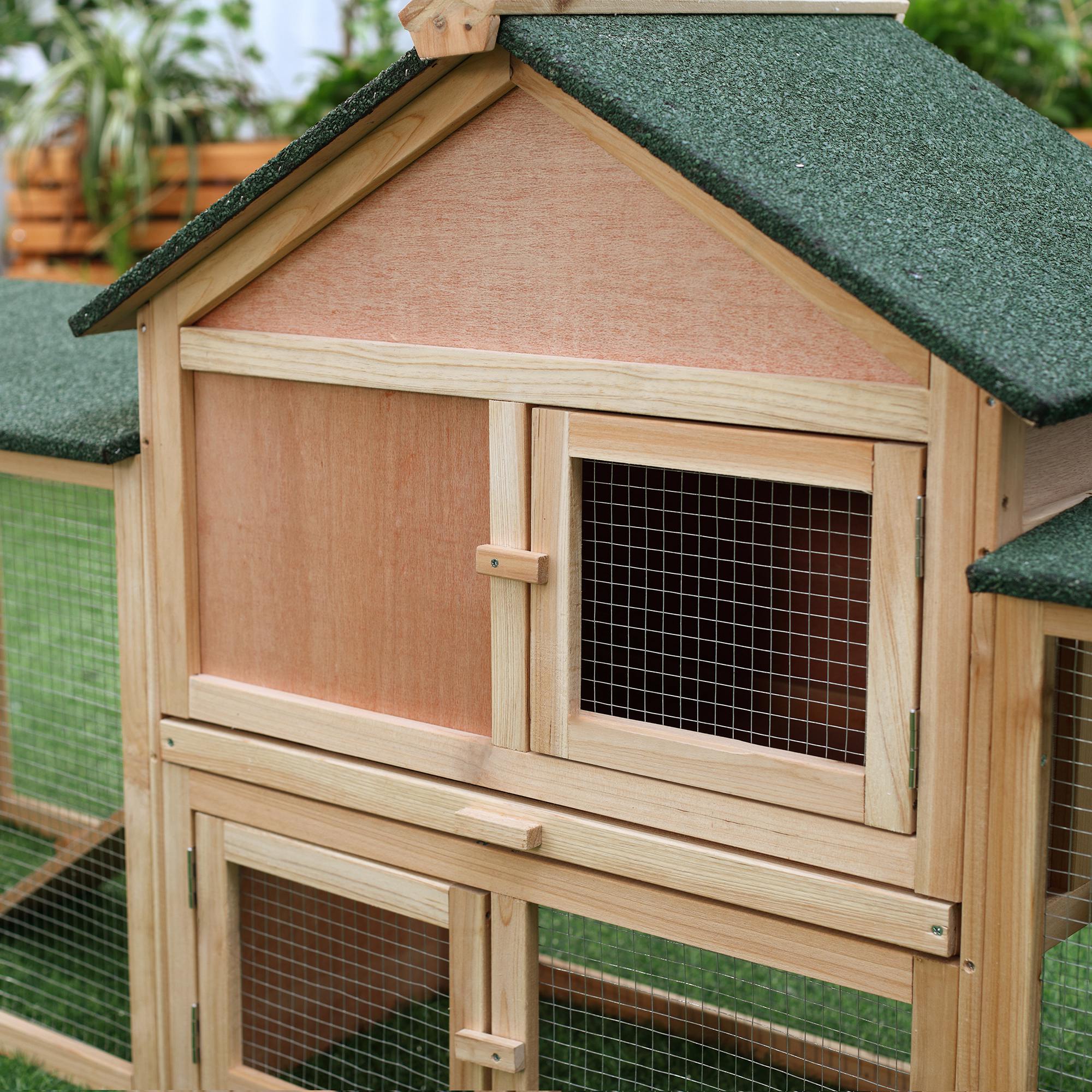 PawHut 83"L Outdoor Rabbit Hutch, Guinea Pig Cage Indoor Outdoor Wooden Bunny Hutch with Double Runs, Weatherproof Roof, Removable Tray, Ramps, Natural