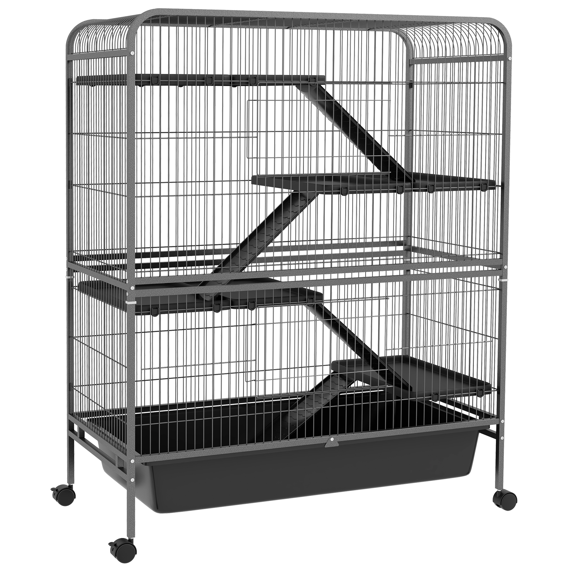 PawHut 53.5" Small Animal Cage, 5-Level Metal Ferret or Bunny Cage with Wheels, Chinchilla Cage with Removable Tray, 2 Front Doors, Ramps, Gray