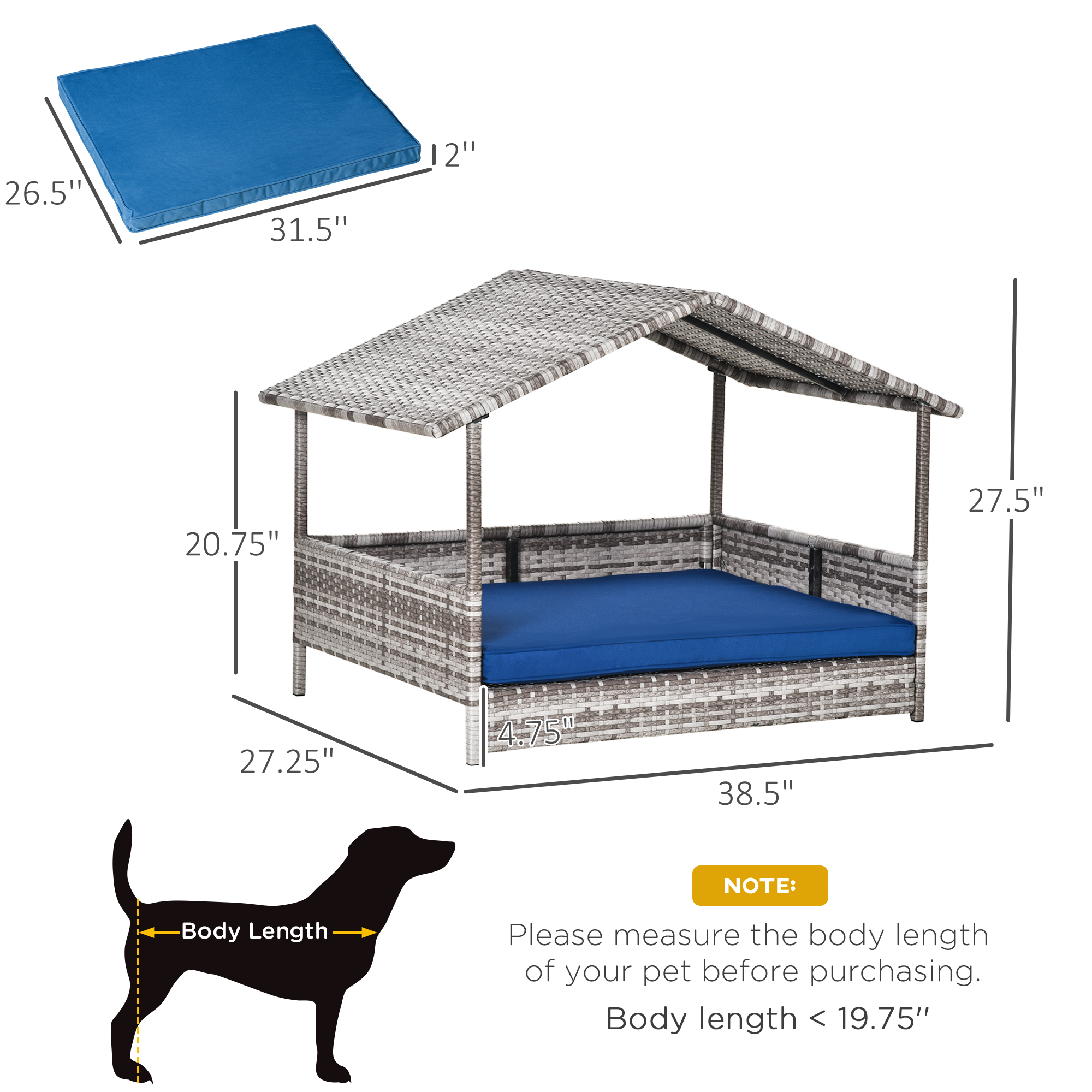 PawHut Wicker Dog House Outdoor with Canopy, Rattan Dog Bed with Water-resistant Cushion, for Small and Medium Dogs, Dark Blue