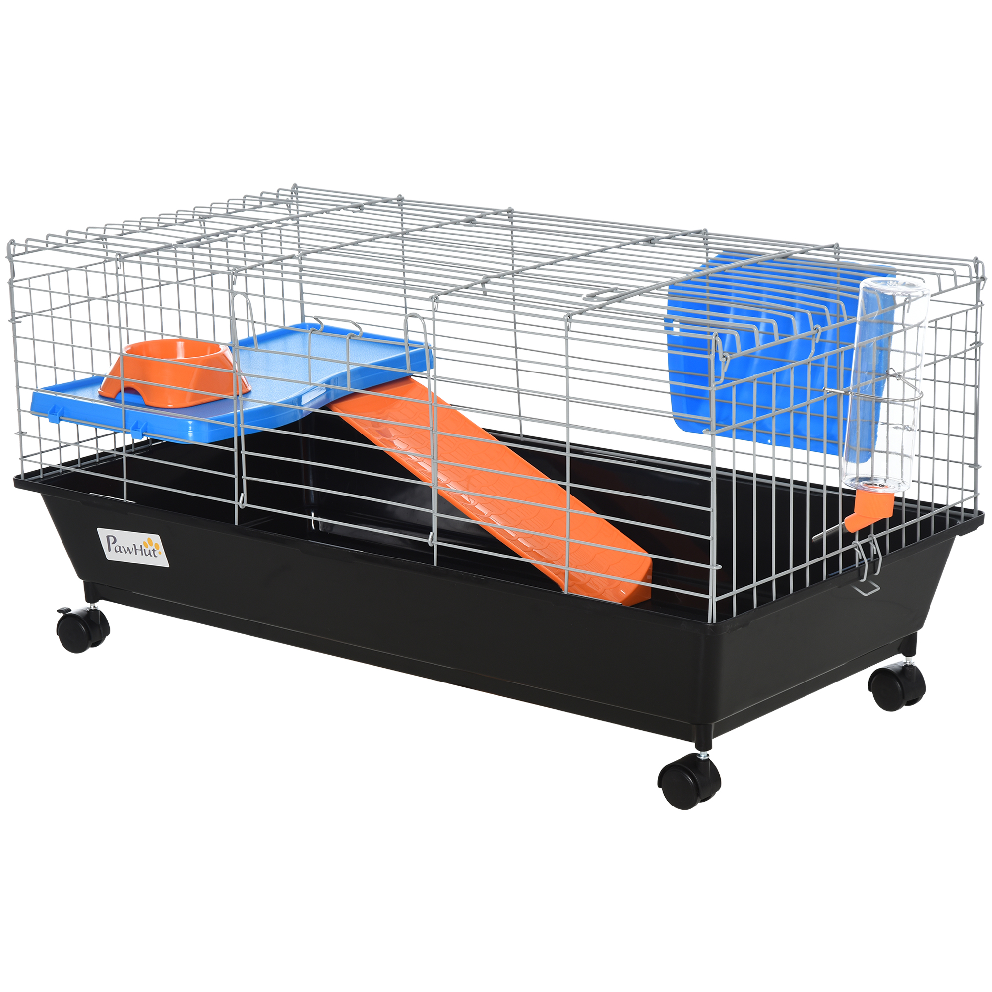 PawHut 35"L Small Animal Cage, Rolling Bunny Cage, Guinea Pig Cage with Food Dish, Water Bottle, Hay Feeder, Platform, Ramp for Ferret Chinchilla, Black