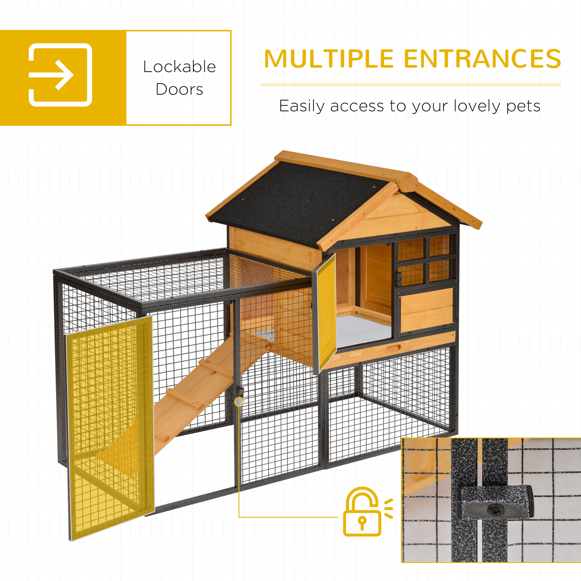 PawHut 2-Level Rabbit Hutch Bunny House with Weatherproof Asphalt Roof, Removable Tray and Ramp for Outdoor