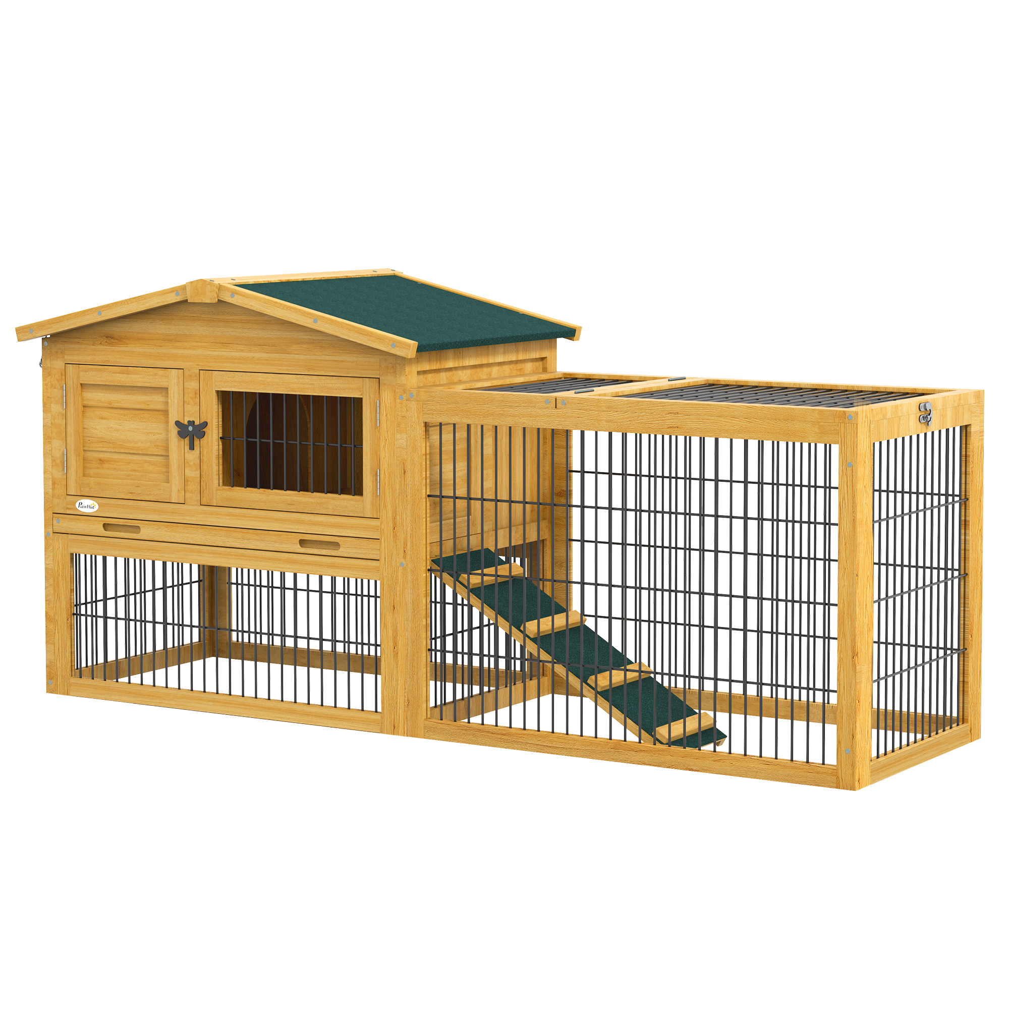 PawHut 2 Levels Outdoor Rabbit Hutch with Openable Top, 59" Wooden Large Rabbit Cage with Run Weatherproof Roof, Removable Tray, Ramp, Yellow