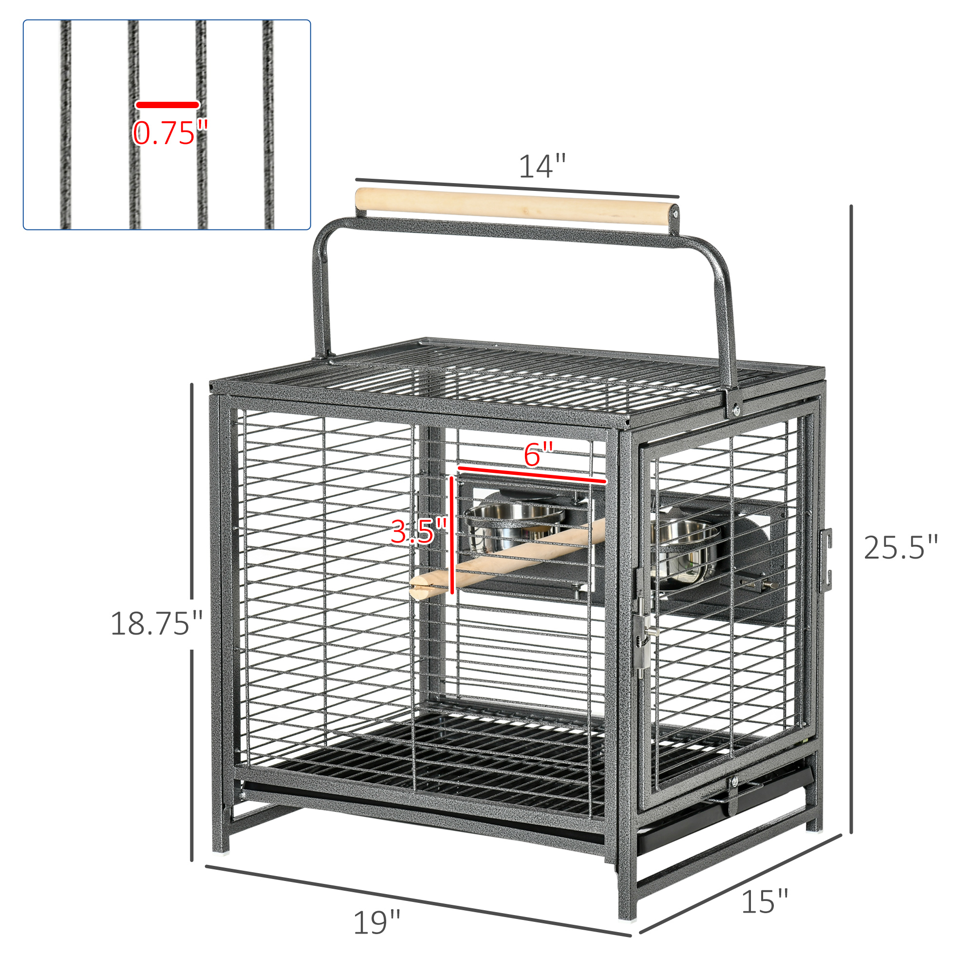 PawHut 19" Travel Bird Cage Parrot Carrier with Handle Wooden Perch for Cockatiels, Conures, Black