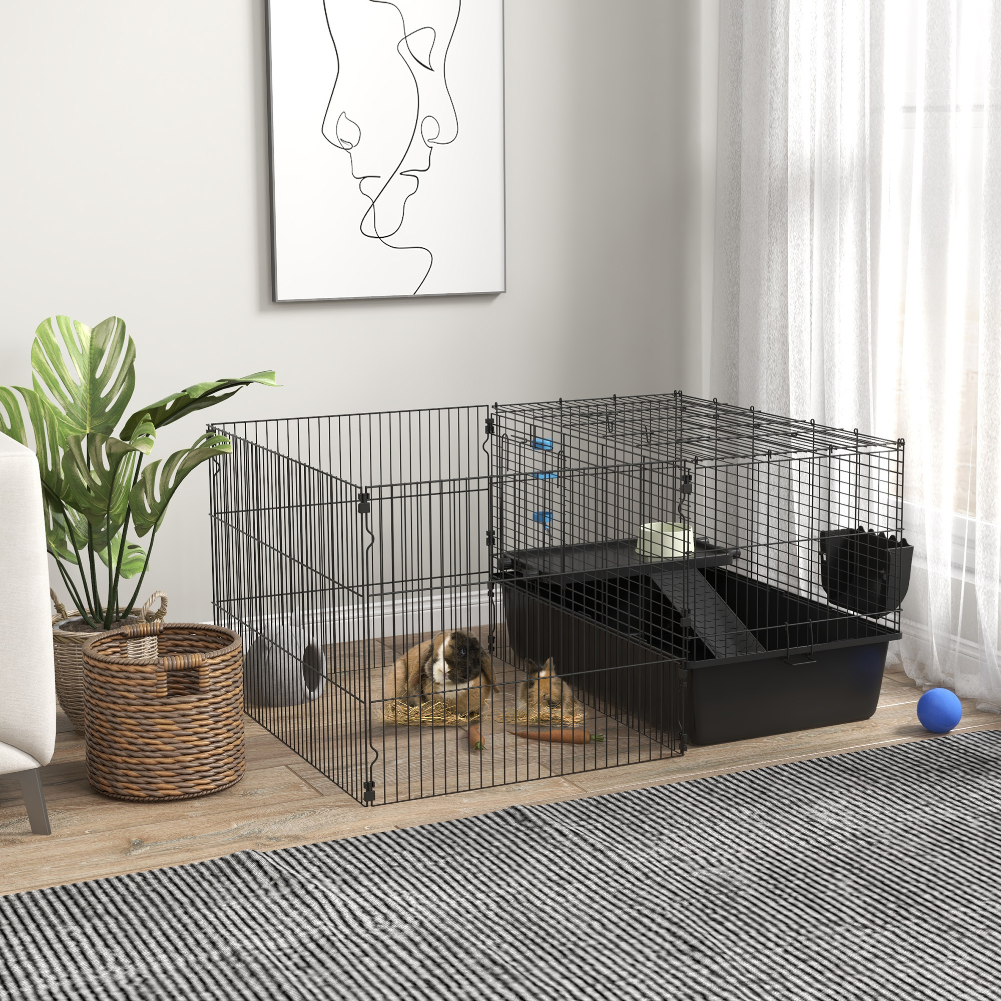 PawHut Small Animal Cage with Playpen, Pet Habitat Indoor for Guinea Pigs Hedgehogs Bunnies with Accessories, Water Bottle, Food Dish, Feeding Trough, 42" x 33" x 21"