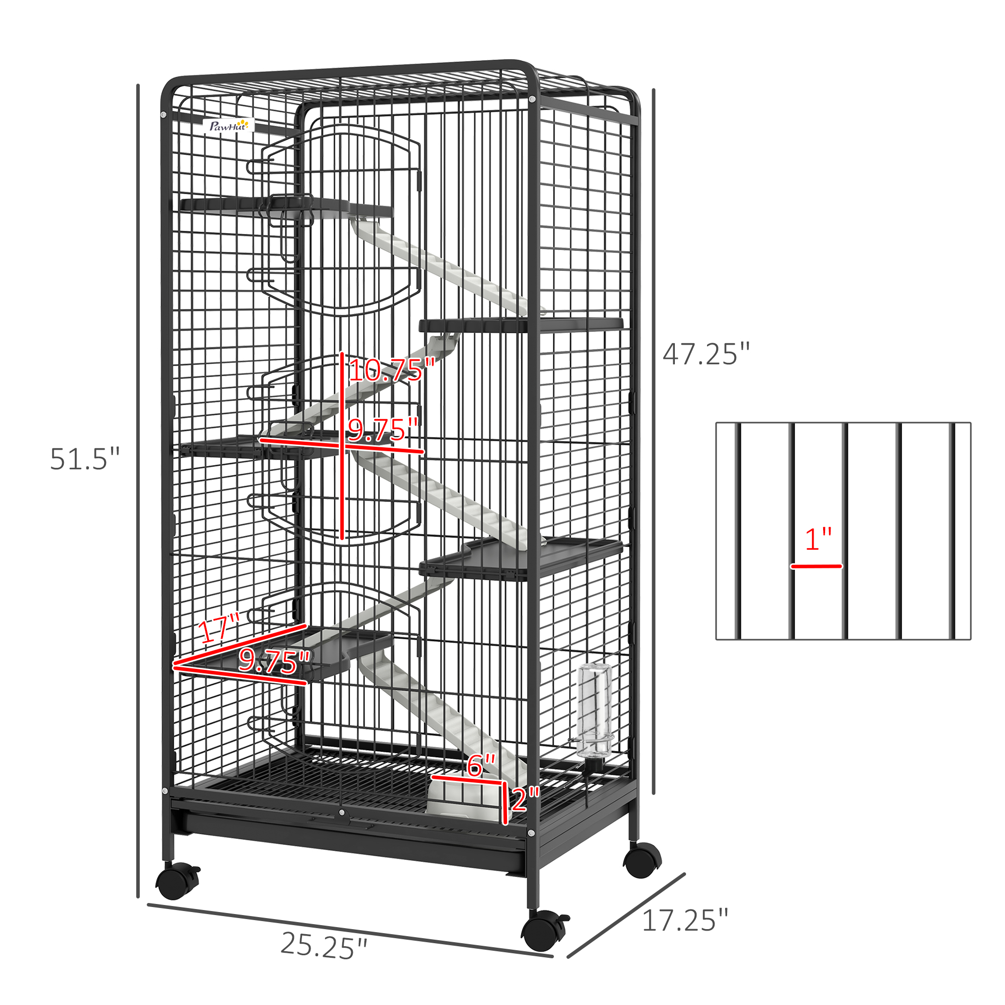 PawHut 6 Level Small Animal Cage for Dwarf Rabbits, Pet Minks, and Chinchillas w/ Removable Tray, Ramp, Water Bottle, Food Dish, Small Pet Cage for Indoor Use, Black