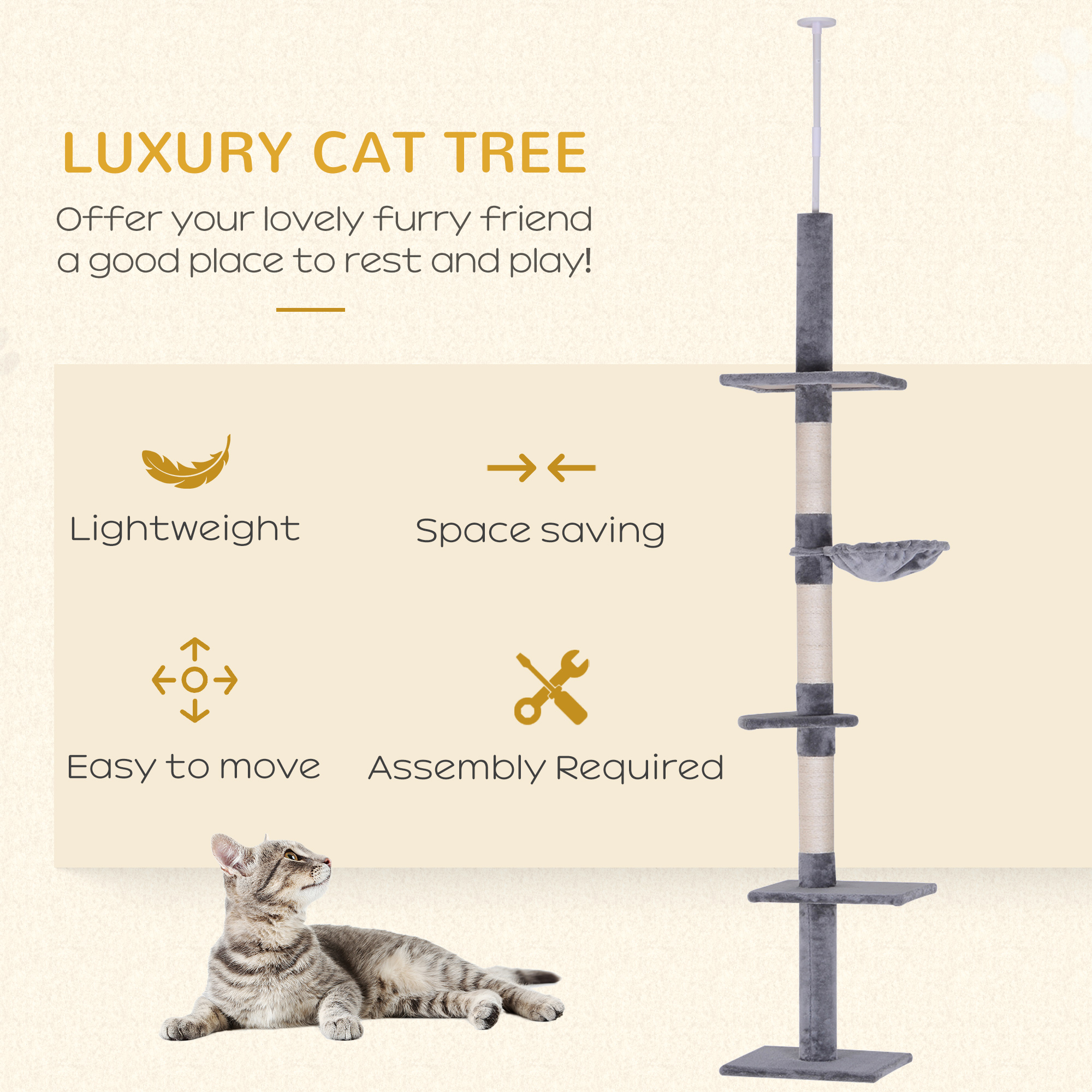 PawHut 9' Adjustable Height Floor-To-Ceiling Vertical Cat Tree - Grey and White