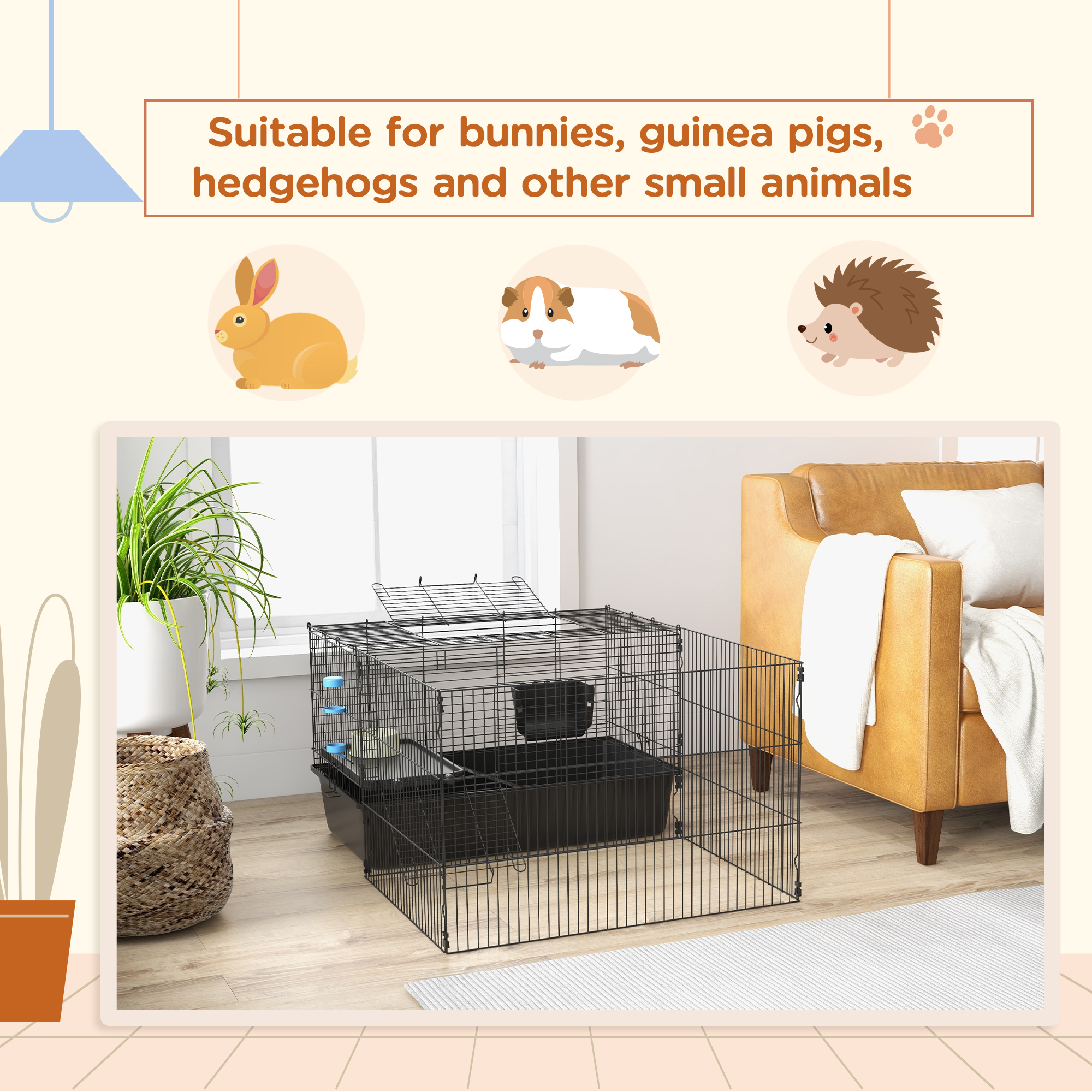 PawHut Small Animal Cage with Playpen, Pet Habitat Indoor for Guinea Pigs Hedgehogs Bunnies with Accessories, Water Bottle, Food Dish, Feeding Trough, 42" x 33" x 21"