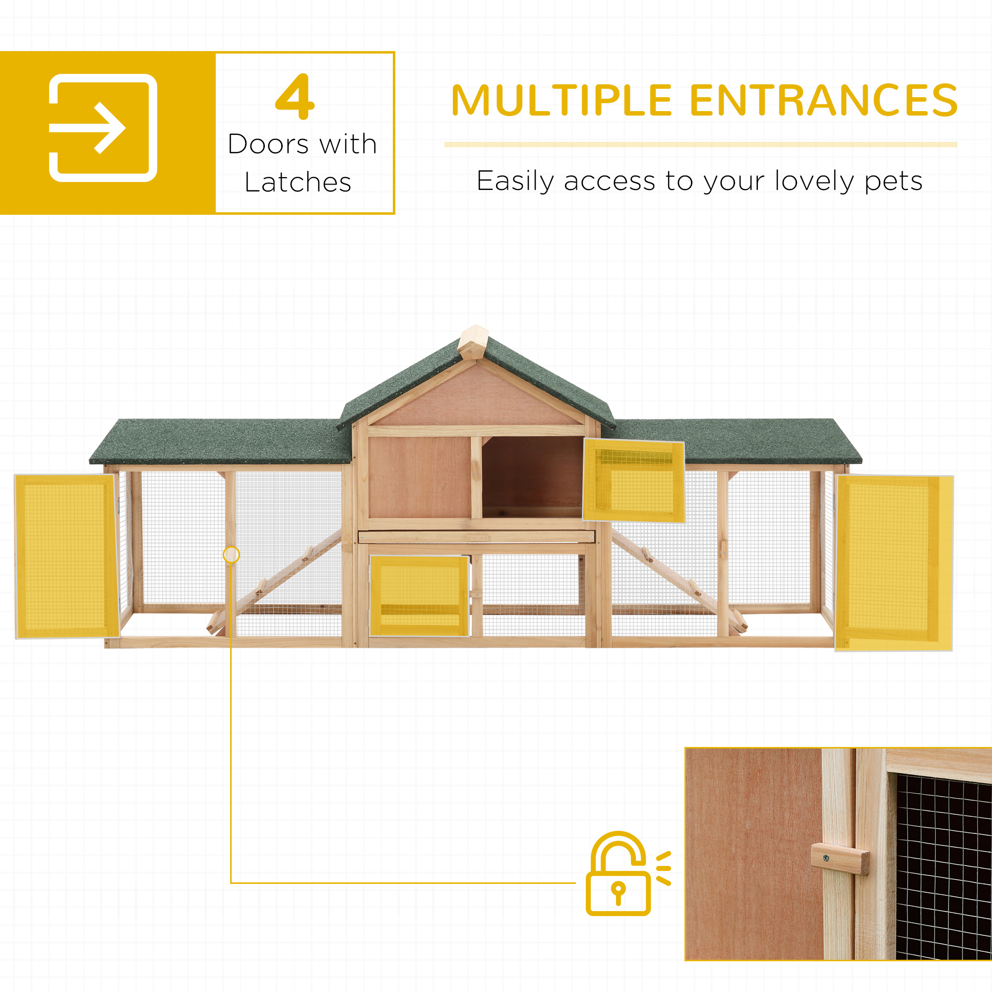 PawHut 83"L Outdoor Rabbit Hutch, Guinea Pig Cage Indoor Outdoor Wooden Bunny Hutch with Double Runs, Weatherproof Roof, Removable Tray, Ramps, Natural