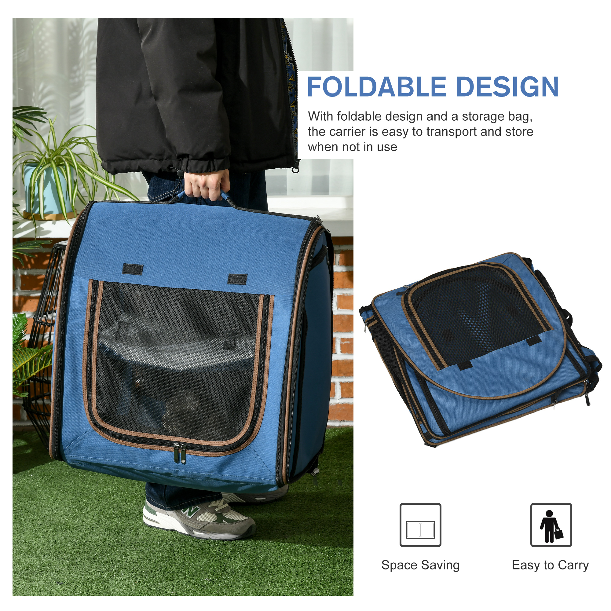 PawHut 39" Portable Soft-Sided Pet Cat Carrier with Divider, Two Compartments, Soft Cushions, & Storage Bag, Blue