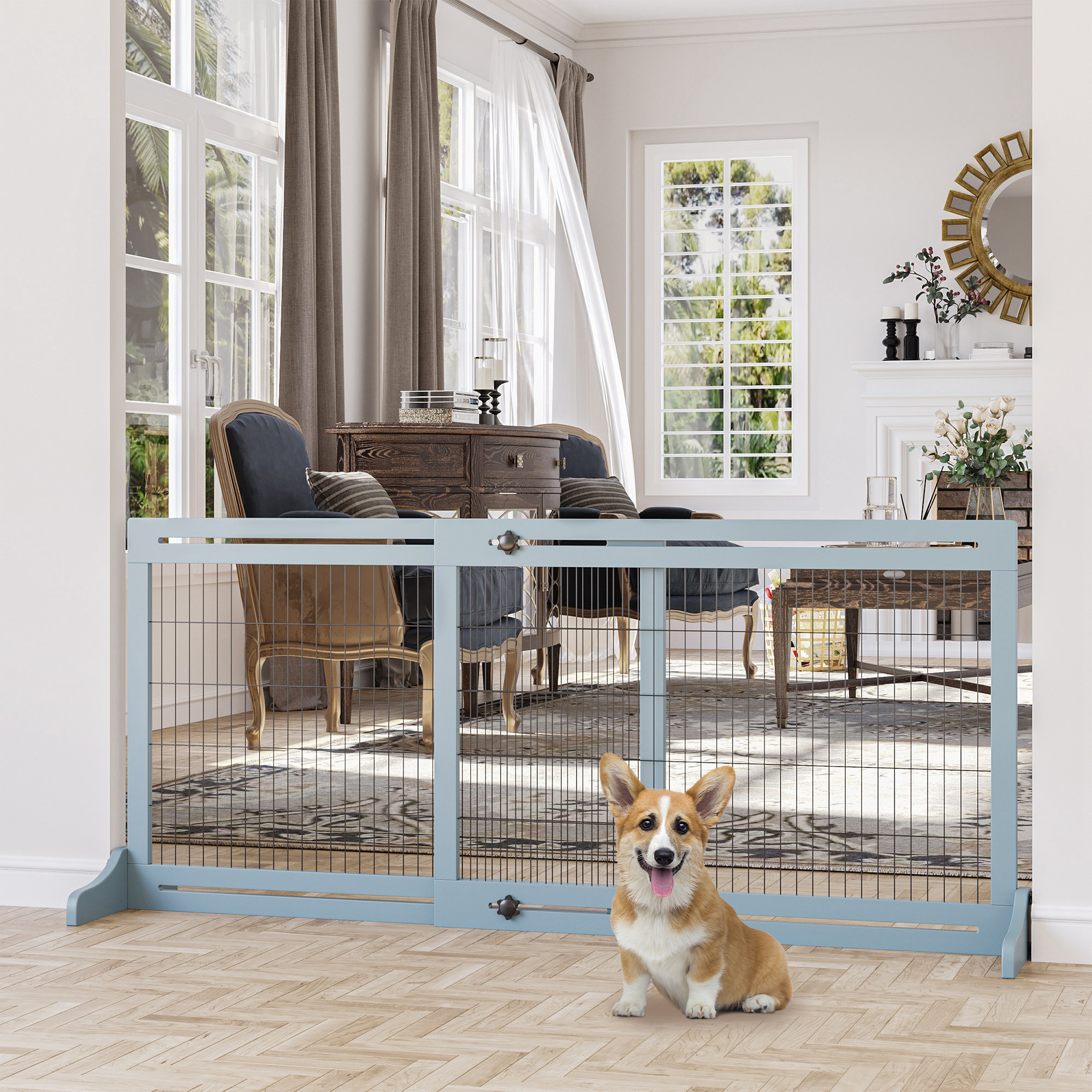 PawHut 72" W x 27.25" H Extra Wide Freestanding Pet Gate with Adjustable Length Dog, Cat, Barrier for House, Doorway, Hallway, Blue-grey