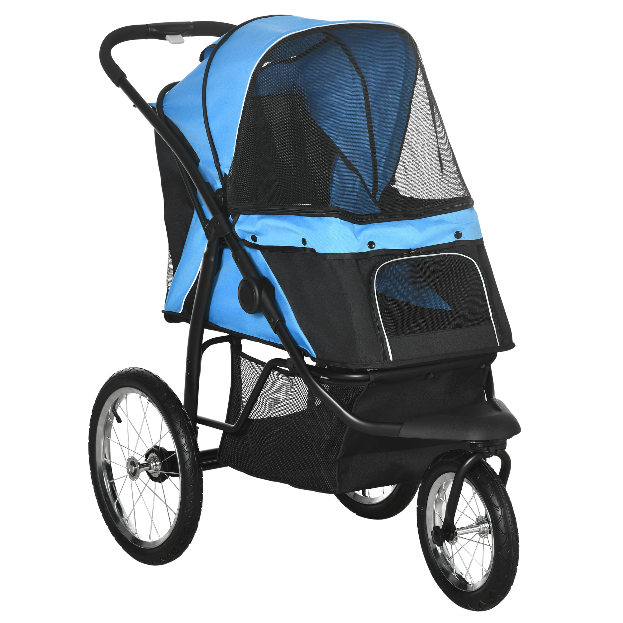 PawHut Pet Stroller for Small and Medium Dogs, 3 Big Wheels Foldable Cat Stroller with Adjustable Canopy, Safety Tether, Storage Basket, Blue