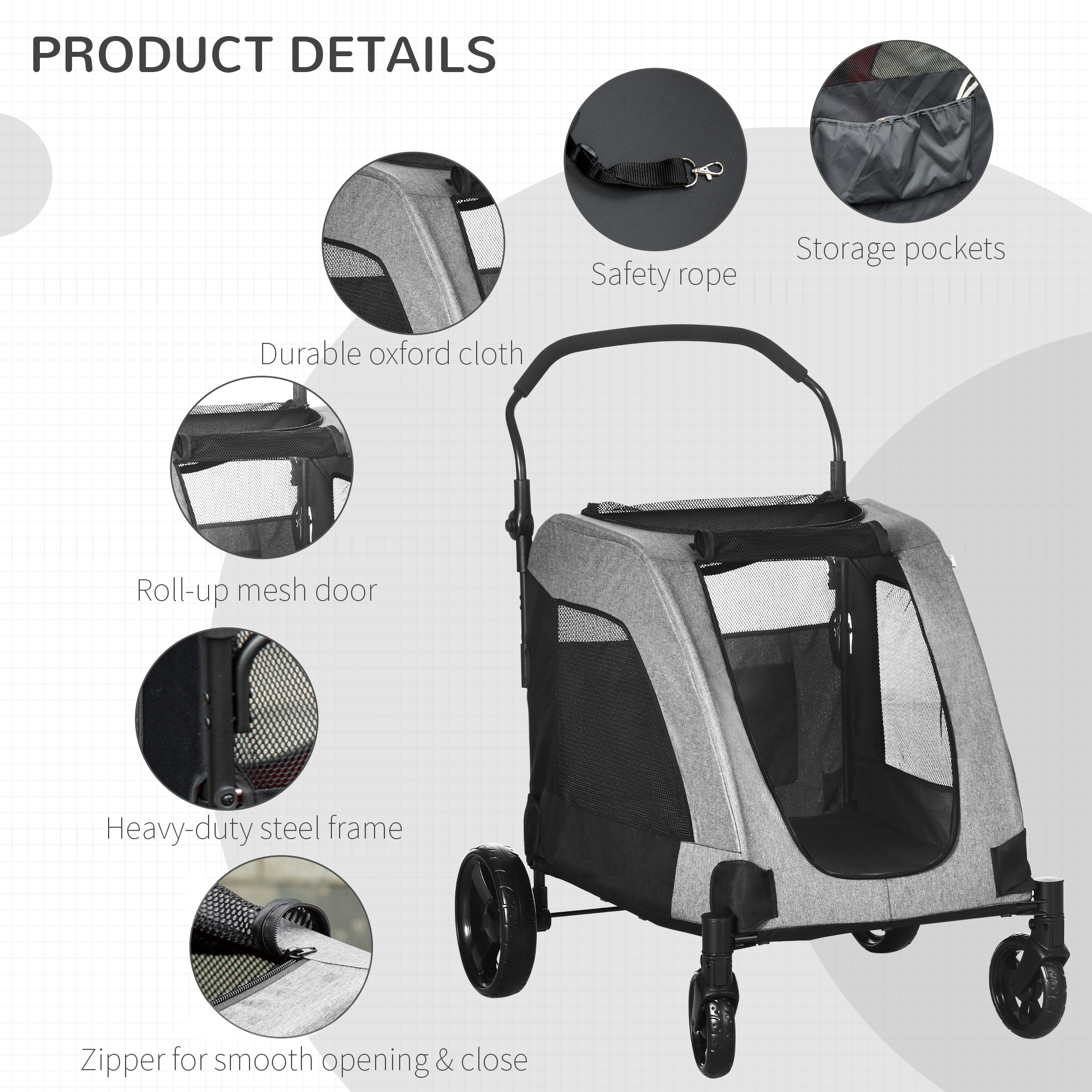 PawHut Pet Stroller Universal Wheel with Storage Basket Ventilated Foldable Oxford Fabric for Medium Size Dogs, Grey