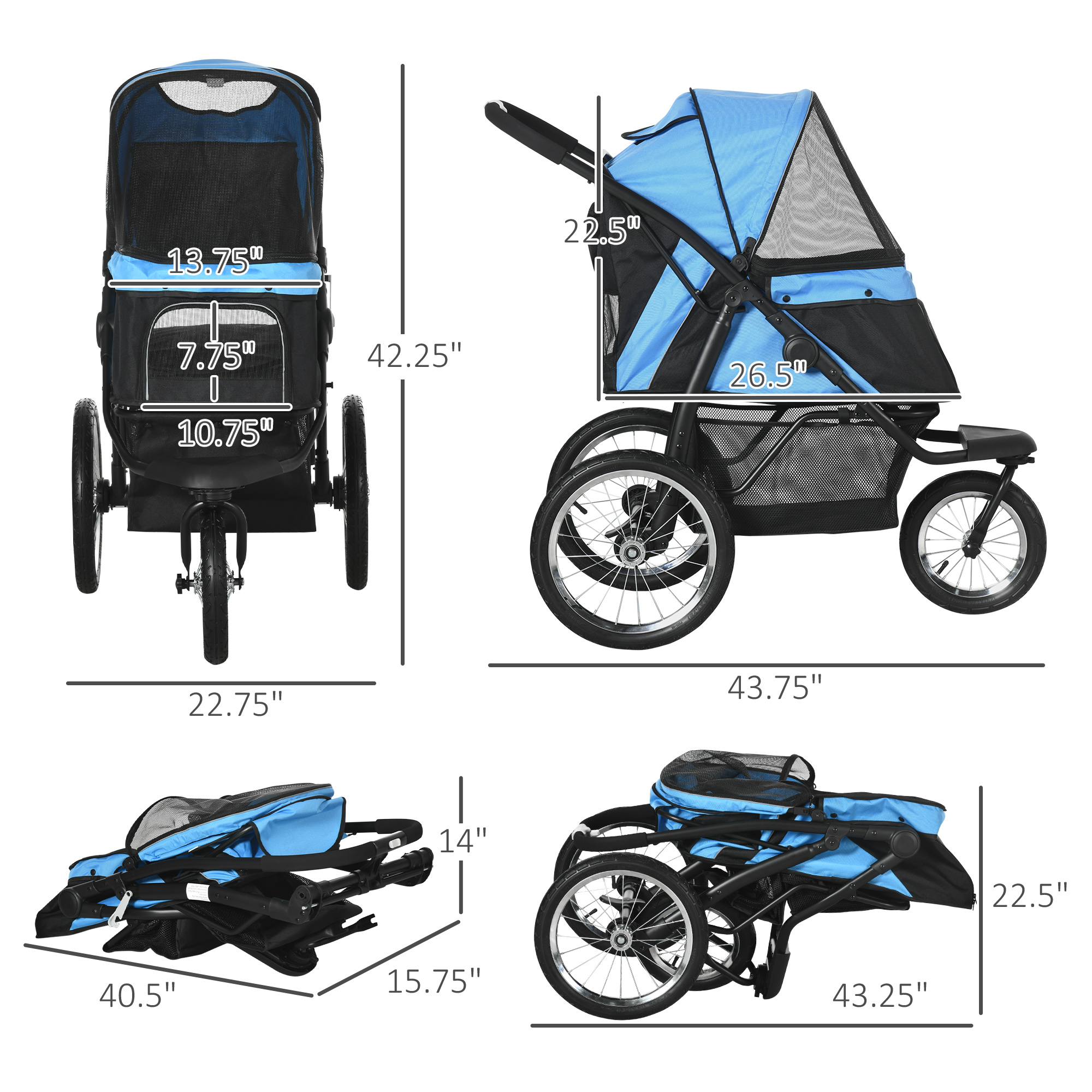 PawHut Pet Stroller for Small and Medium Dogs, 3 Big Wheels Foldable Cat Stroller with Adjustable Canopy, Safety Tether, Storage Basket, Blue