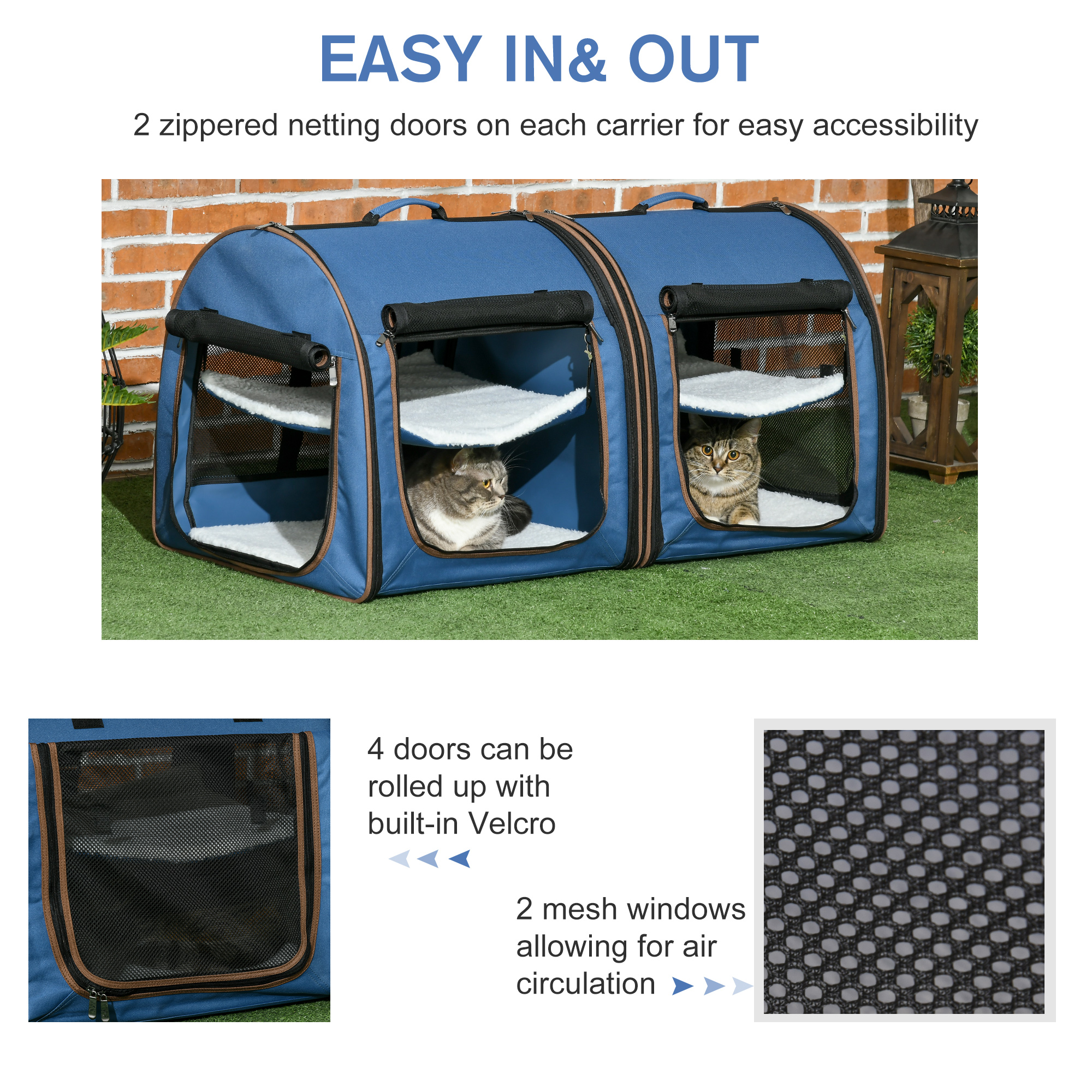 PawHut 39" Portable Soft-Sided Pet Cat Carrier with Divider, Two Compartments, Soft Cushions, & Storage Bag, Blue