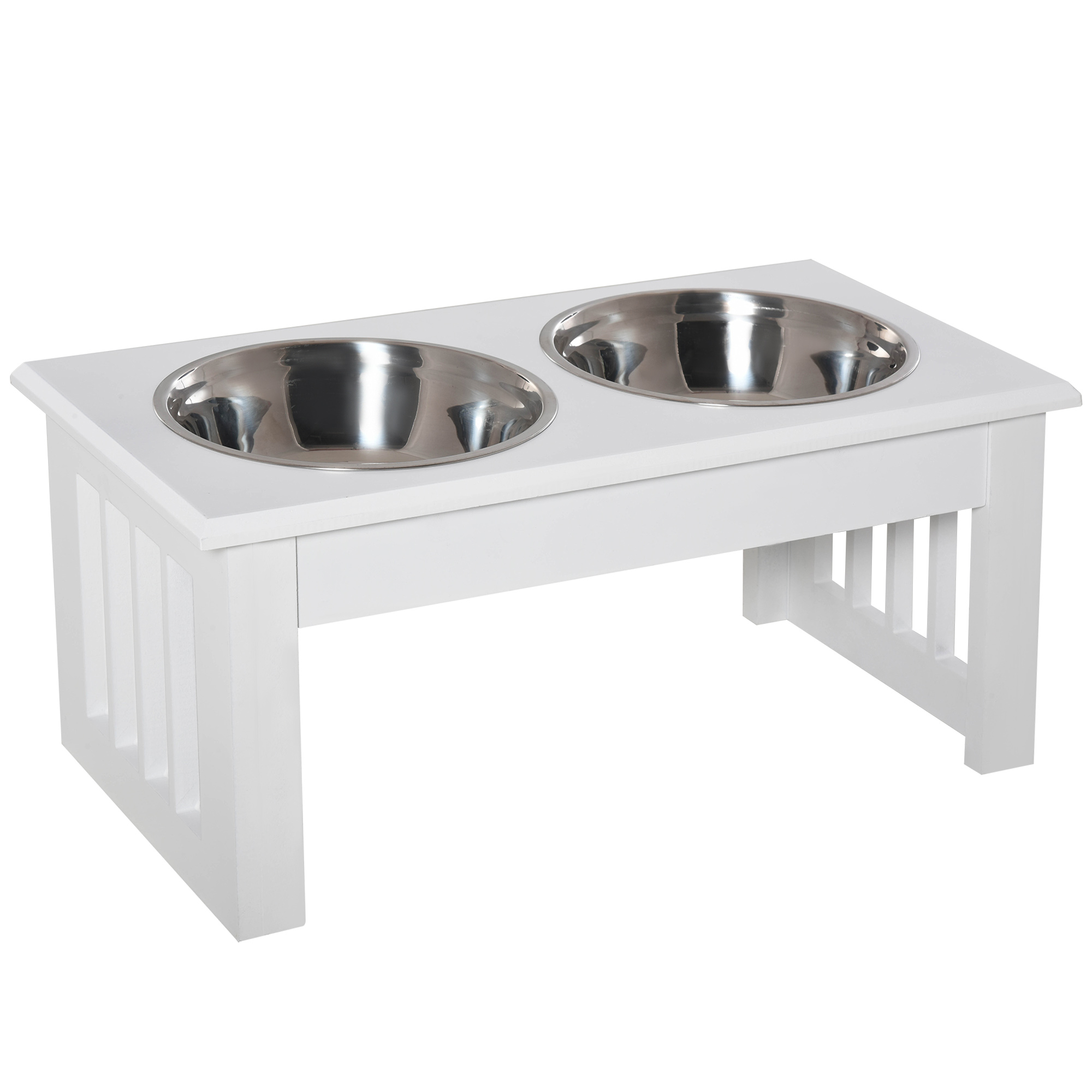 PawHut 6" Height Small Puppy Dog Feeding Station for Messy Pets, Stainless Steel Elevated Dog Bowls with Modern Wooden Frame, Dog Food Stand Pet Feeding Station, White