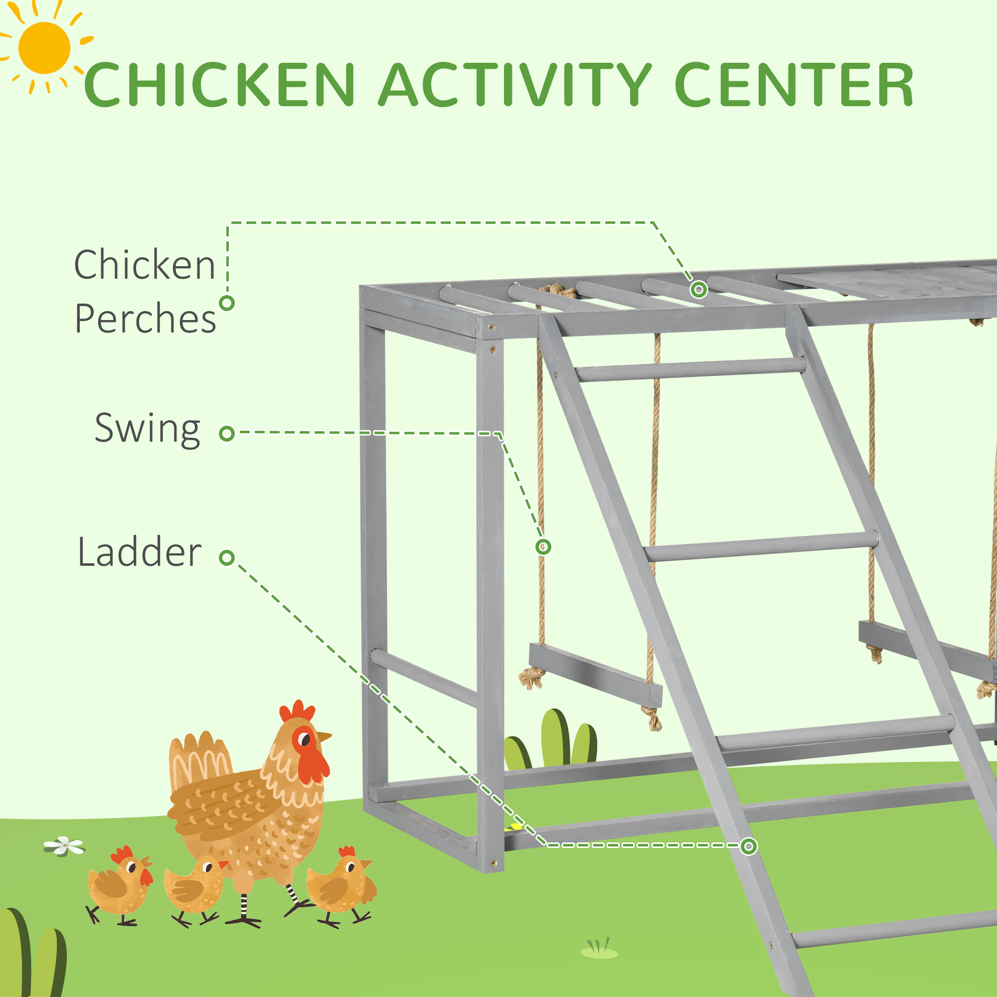 PawHut Chicken Activity Play with Swing Set for 3-4 Birds, Wooden Chicken Coop Accessory with Multiple Chicken Perches & Hen Ladder Gray