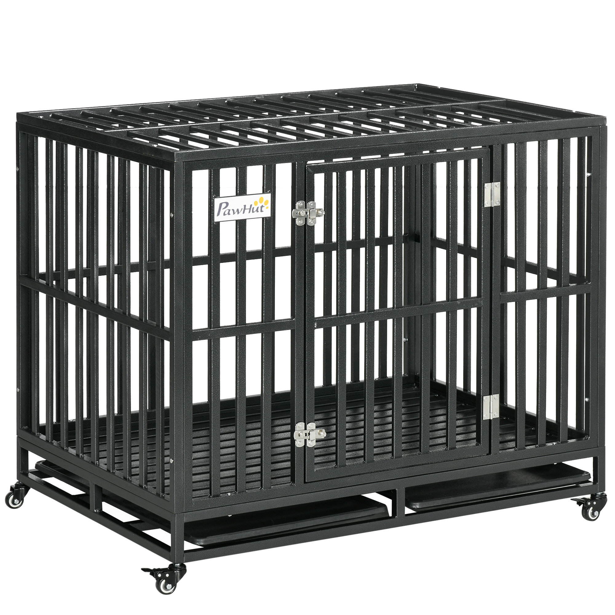 PawHut Heavy Duty Dog Crate Metal Kennel and Cage Dog Playpen with Lockable Wheels, Slide-out Tray and Anti-Pinching Floor