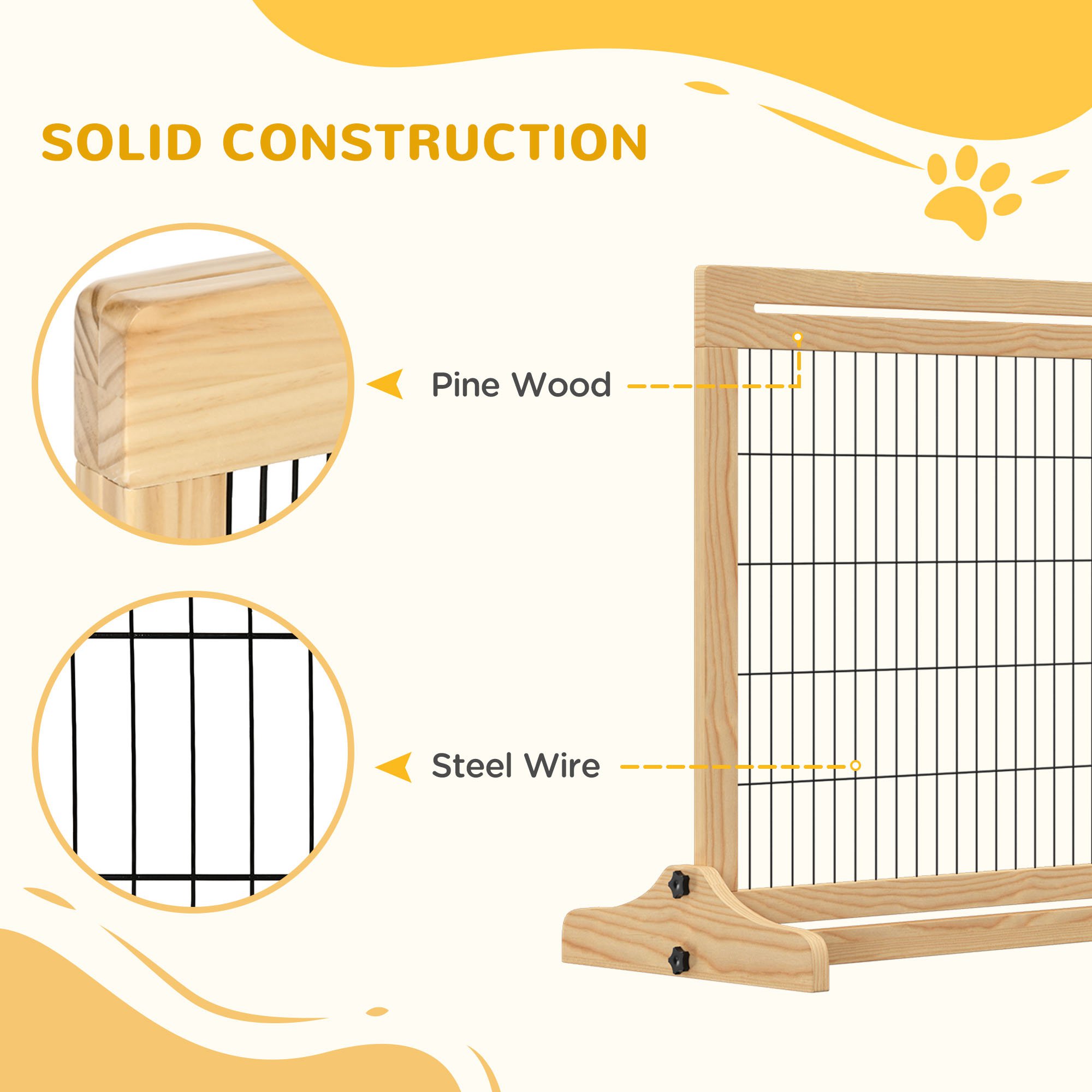 PawHut 72" W x 27.25" H Extra Wide Freestanding Pet Gate with Adjustable Length Dog, Cat, Barrier for House, Doorway, Hallway, Natural