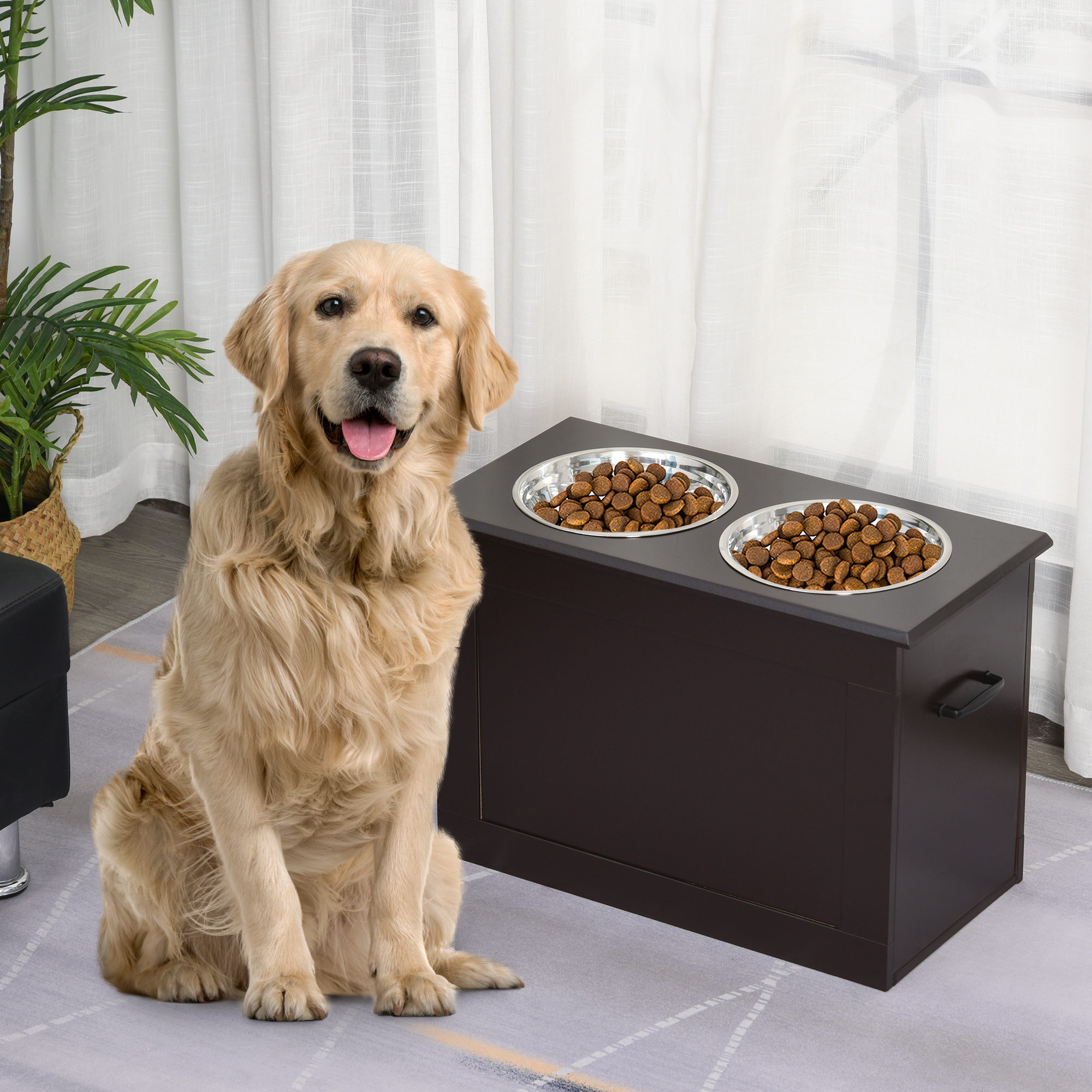 PawHut Raised Pet Feeding Storage Station with 2 Stainless Steel Bowls Base for Large Dogs and Other Large Pets, Dark Brown