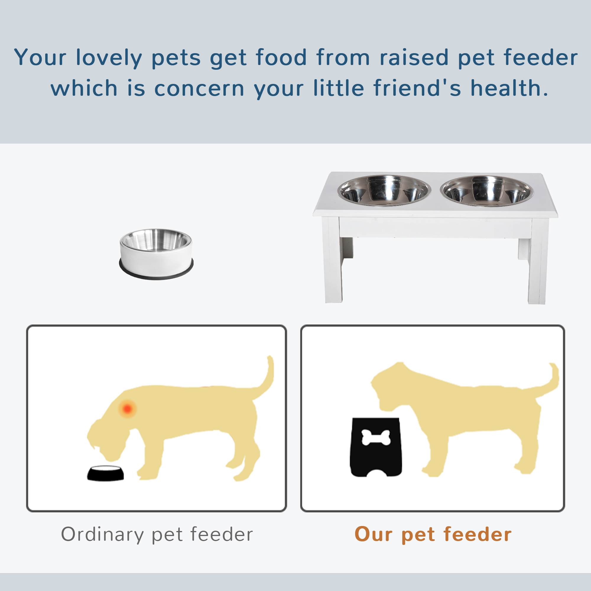 PawHut 6" Height Small Puppy Dog Feeding Station for Messy Pets, Stainless Steel Elevated Dog Bowls with Modern Wooden Frame, Dog Food Stand Pet Feeding Station, White