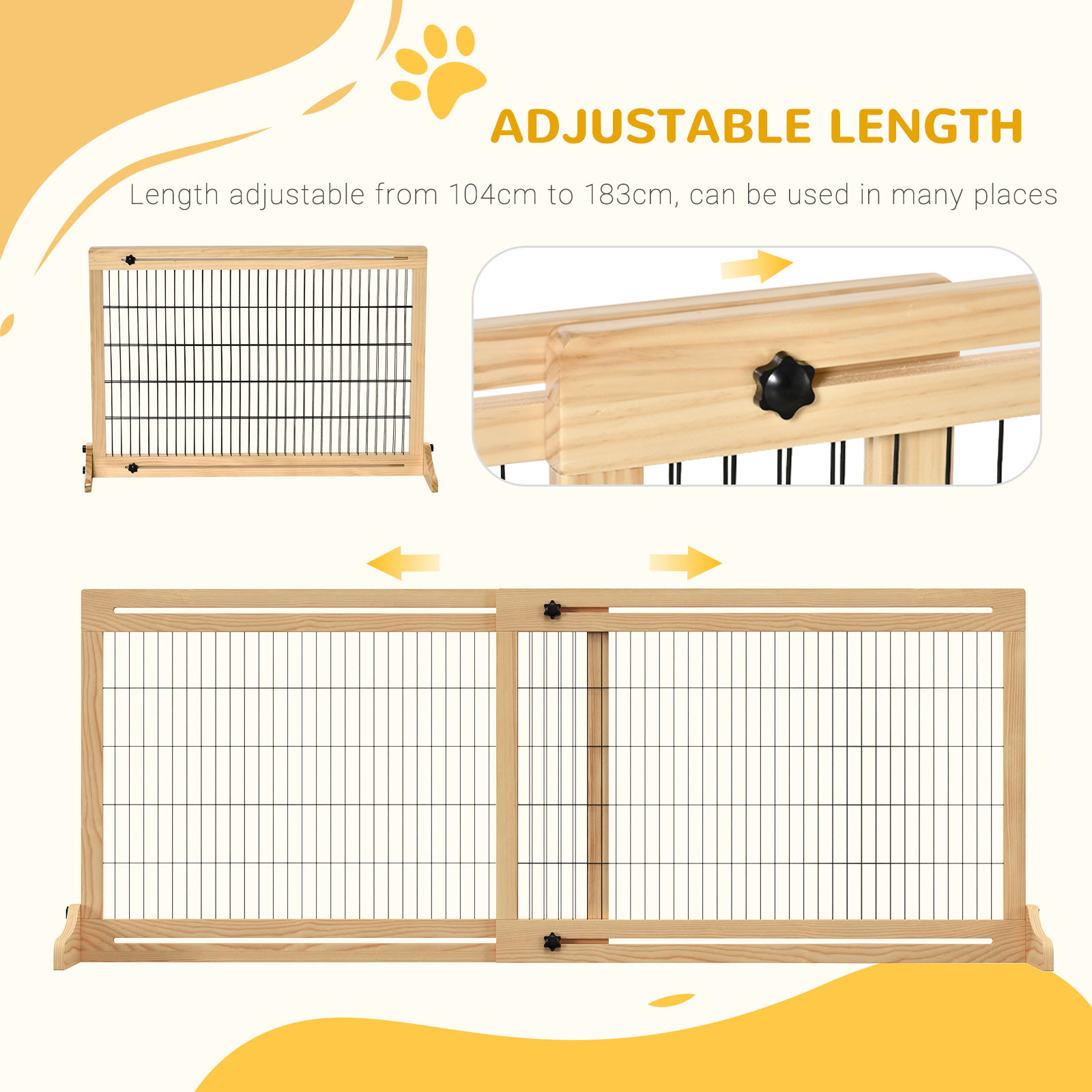 PawHut 72" W x 27.25" H Extra Wide Freestanding Pet Gate with Adjustable Length Dog, Cat, Barrier for House, Doorway, Hallway, Natural