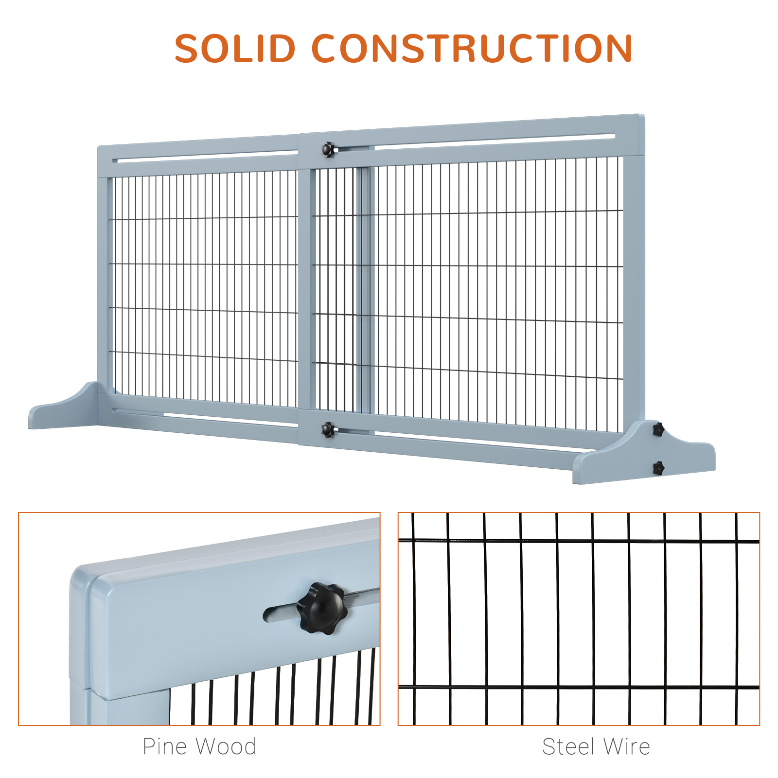 PawHut 72" W x 27.25" H Extra Wide Freestanding Pet Gate with Adjustable Length Dog, Cat, Barrier for House, Doorway, Hallway, Blue-grey