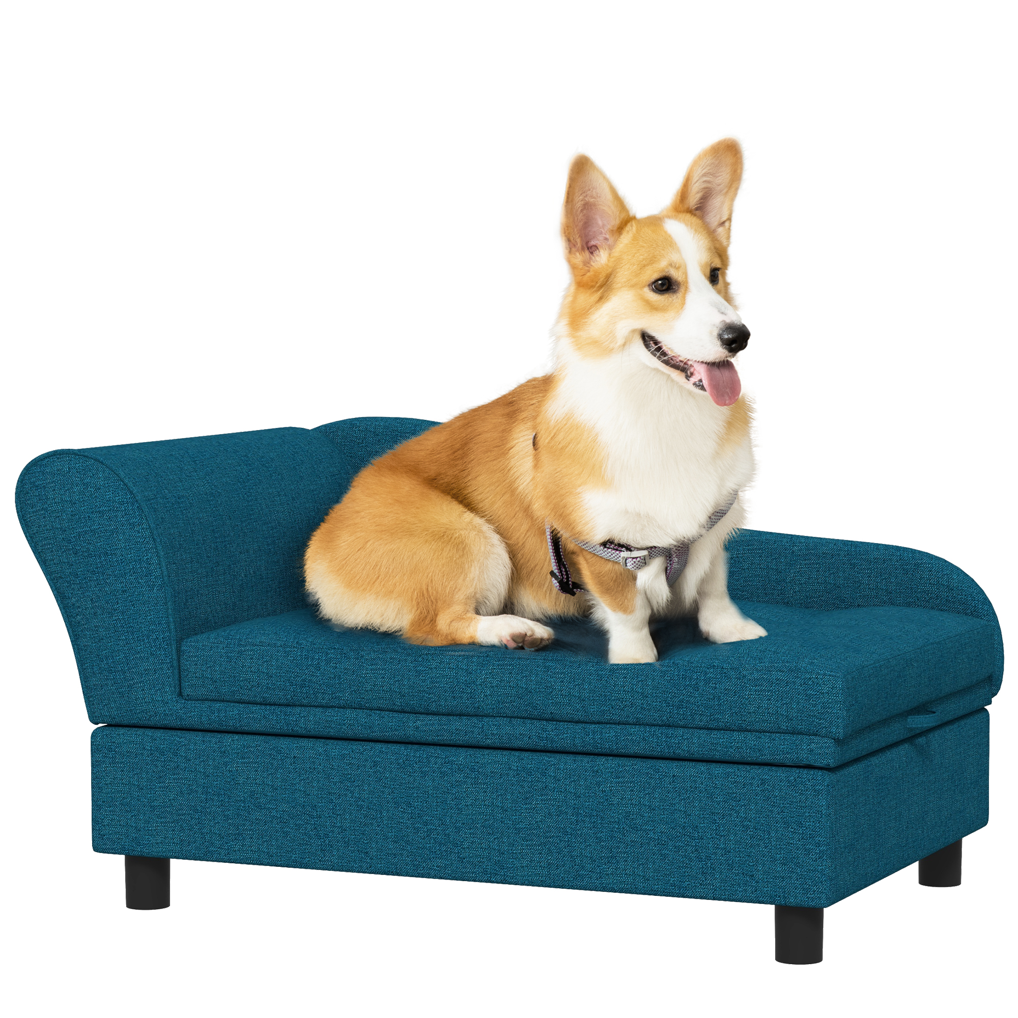 PawHut Pet Sofa, Dog Couch, Elevated Pet Bed for Small and Medium Dogs, with Hidden Storage, Soft Tufted Cushion, Dark Blue