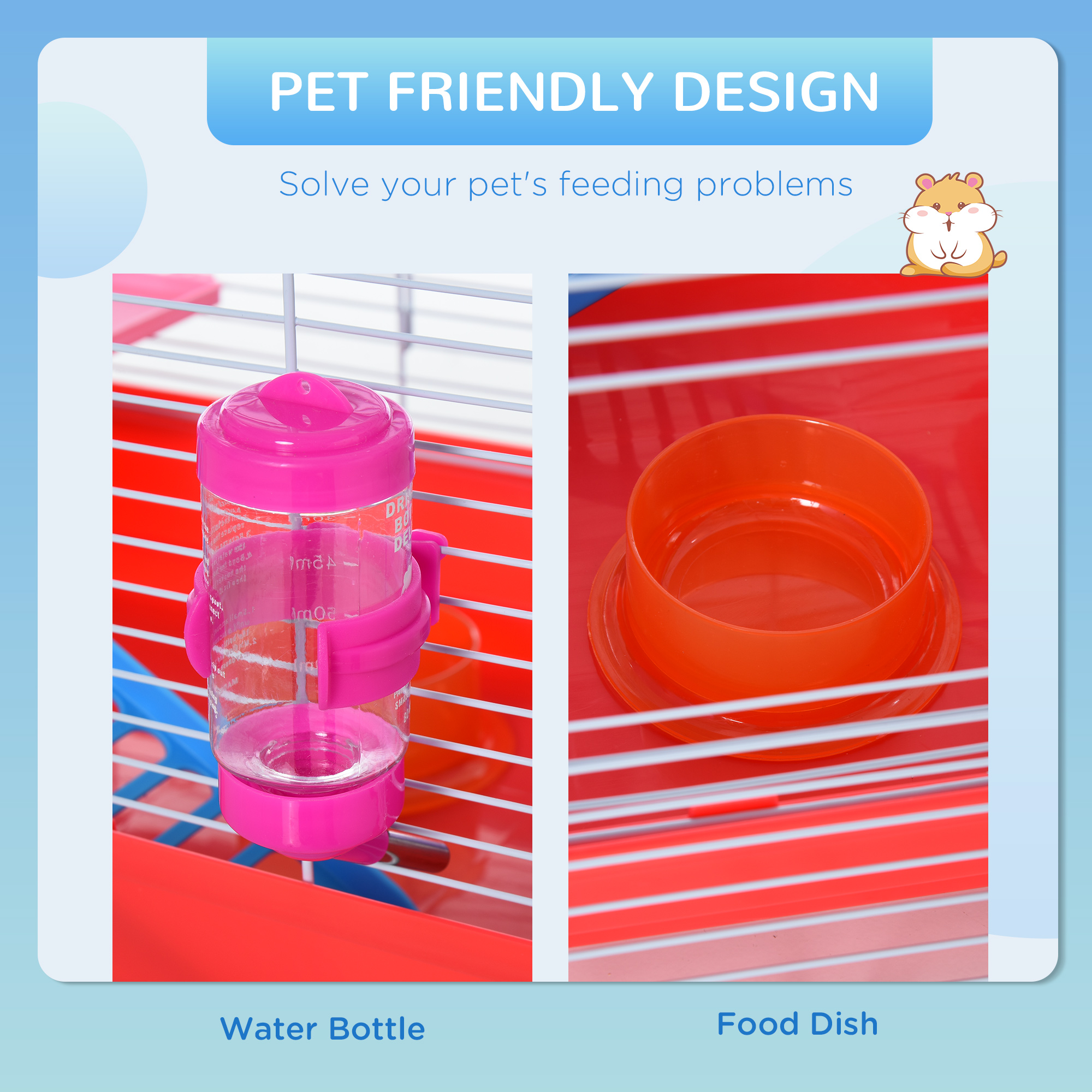 PawHut 18.5" Hamster Cage with Exercise Wheel and Water Bottle, Dish, Rat House and Habitat 2-Story Design, Red