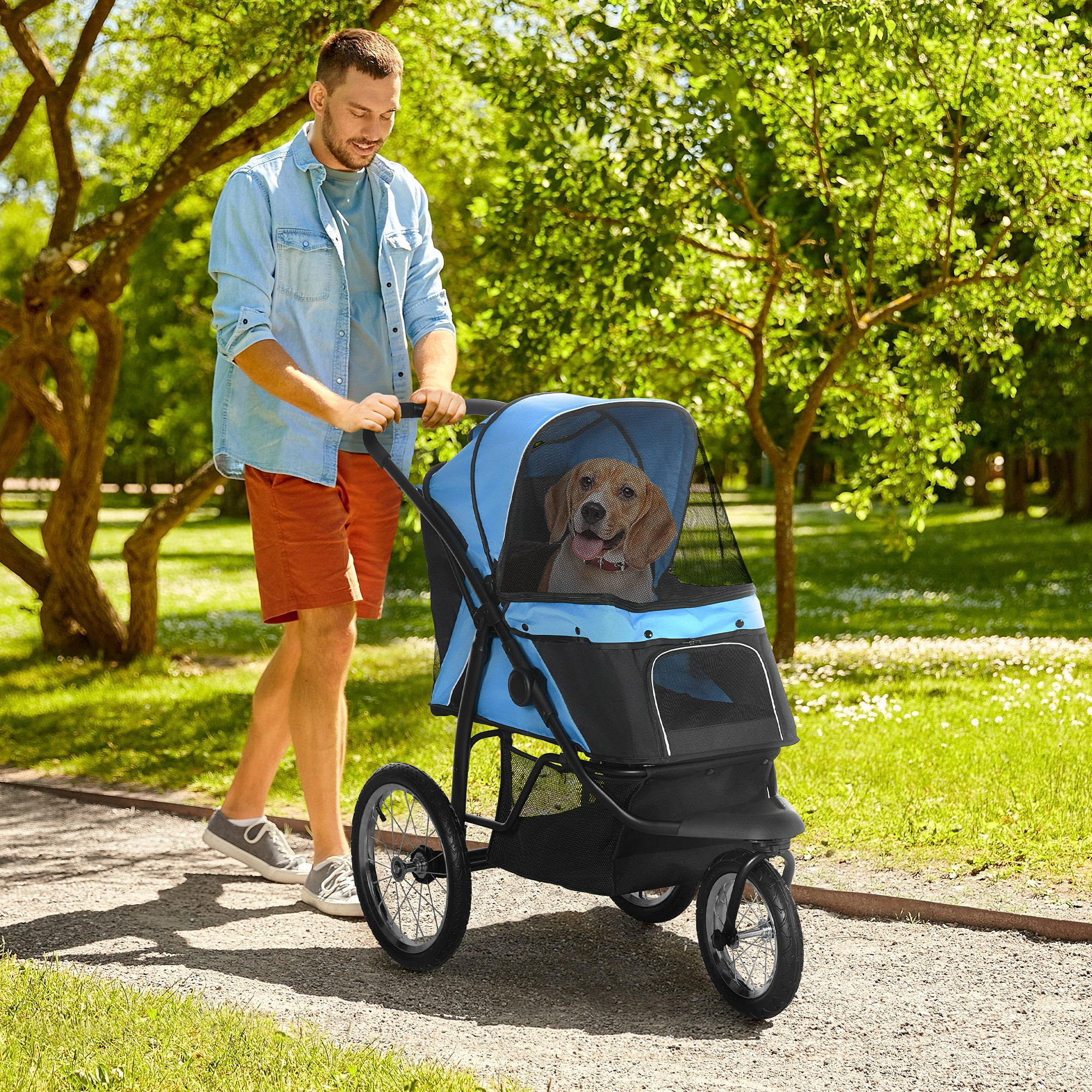 PawHut Pet Stroller for Small and Medium Dogs, 3 Big Wheels Foldable Cat Stroller with Adjustable Canopy, Safety Tether, Storage Basket, Blue