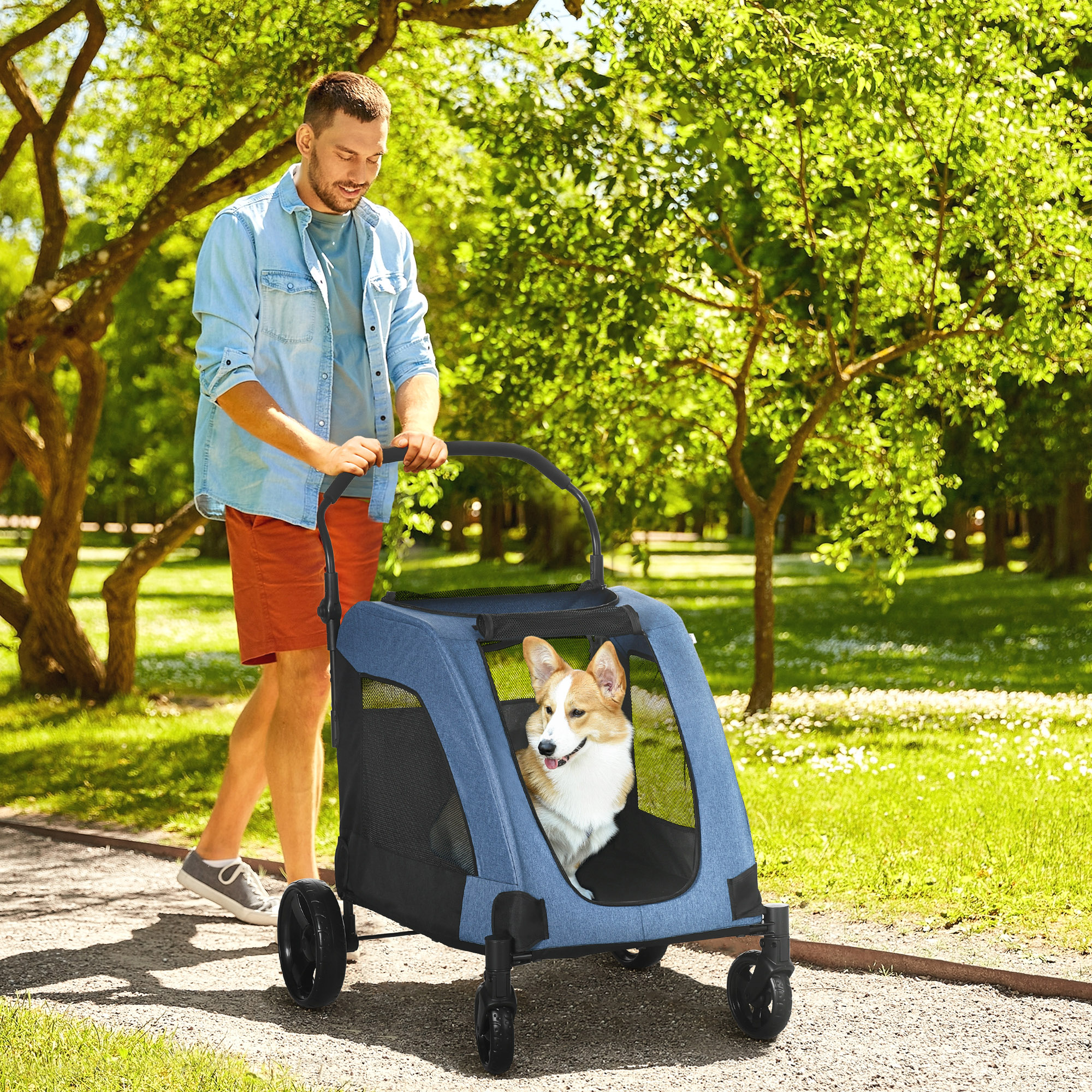 PawHut Pet Stroller Universal Wheel with Storage Basket Ventilated Foldable Oxford Fabric for Medium Size Dogs, Blue