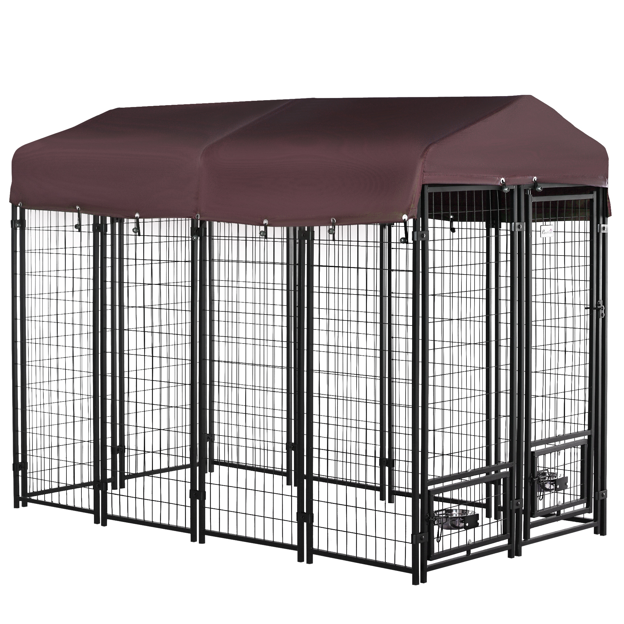 PawHut 8' x 4' x 6' Outdoor Dog Kennel with Rotating Bowl Holders, Walk-in Pet Playpen, Welded Wire Steel with Water and UV-Resistant Canopy, Red