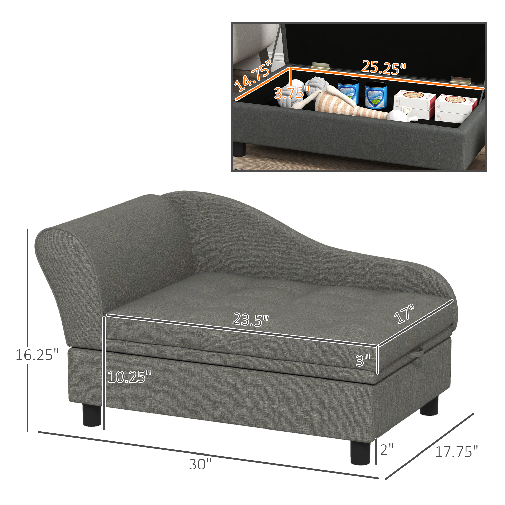 PawHut Pet Sofa, Dog Couch, Elevated Pet Bed for Small and Medium Dogs, with Hidden Storage, Soft Tufted Cushion, Gray