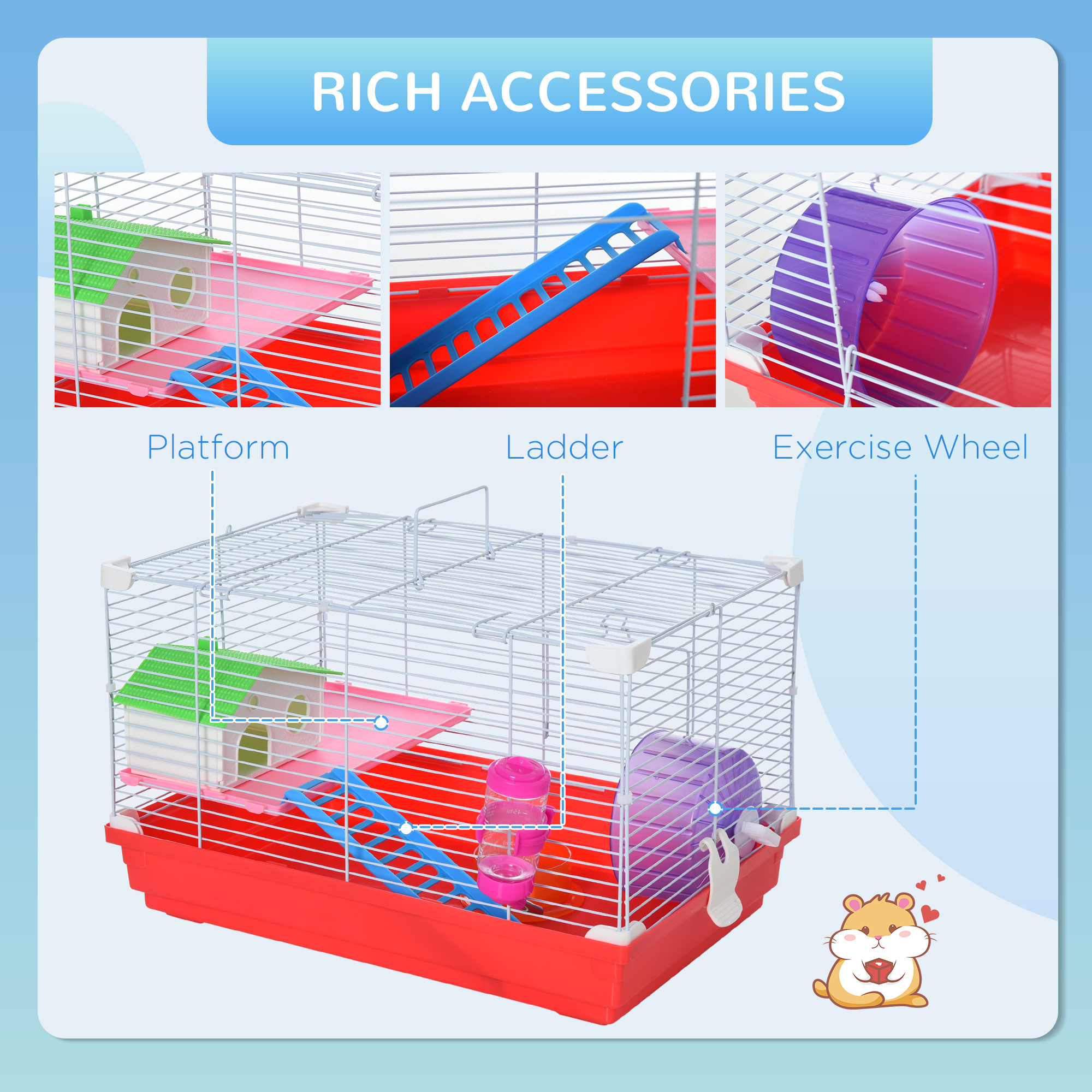 PawHut 18.5" Hamster Cage with Exercise Wheel and Water Bottle, Dish, Rat House and Habitat 2-Story Design, Red