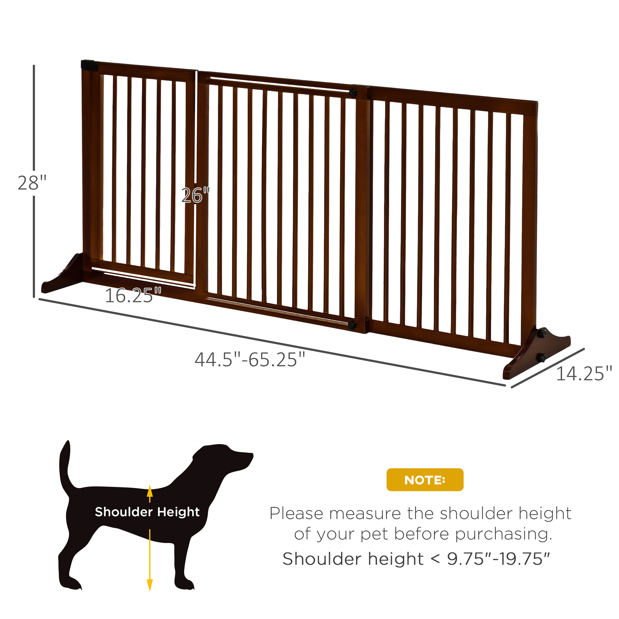 PawHut Adjustable Wooden Pet Gate, Freestanding Dog Fence for Doorway, Hall, 3 Panels w/ Safety Barrier, Lockable Door, Brown, 44.5"-65.25" L x 14.25" H