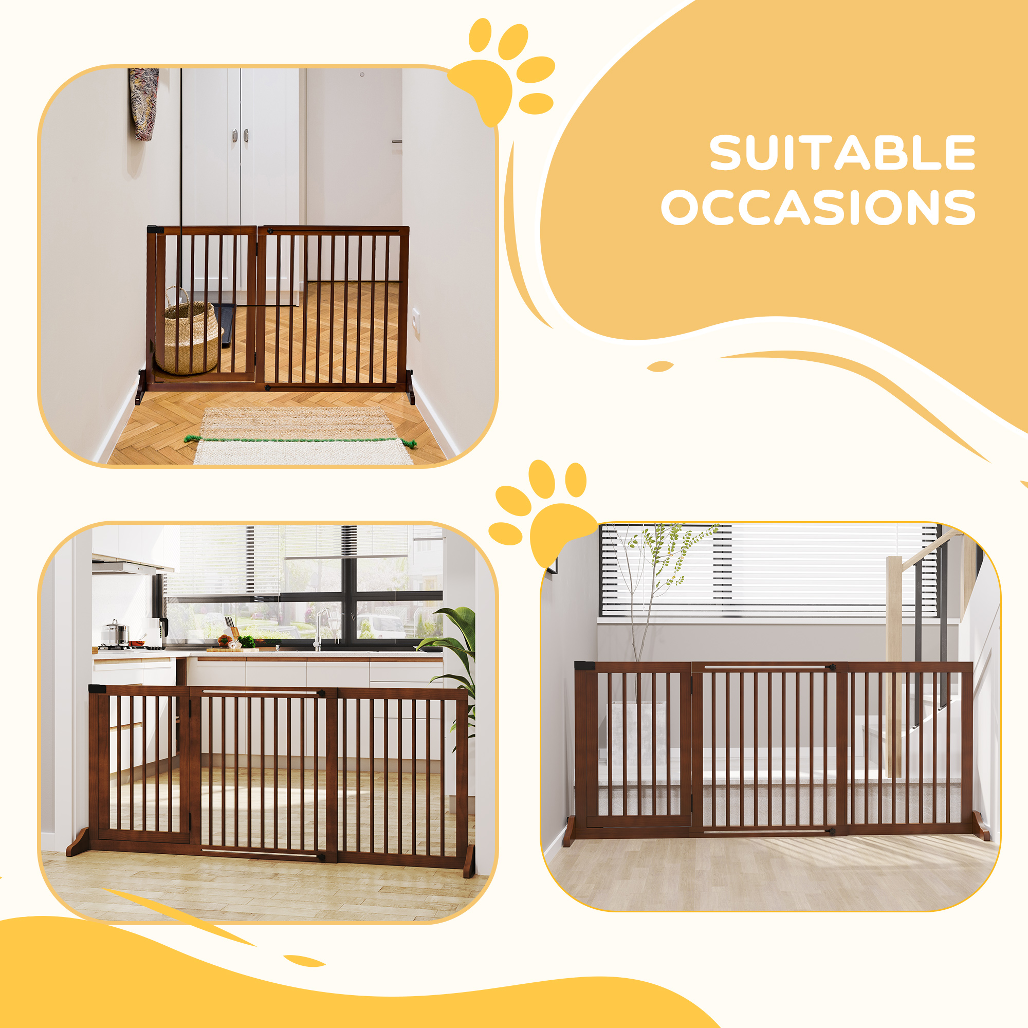 PawHut Adjustable Wooden Pet Gate, Freestanding Dog Fence for Doorway, Hall, 3 Panels w/ Safety Barrier, Lockable Door, Brown, 44.5"-65.25" L x 14.25" H