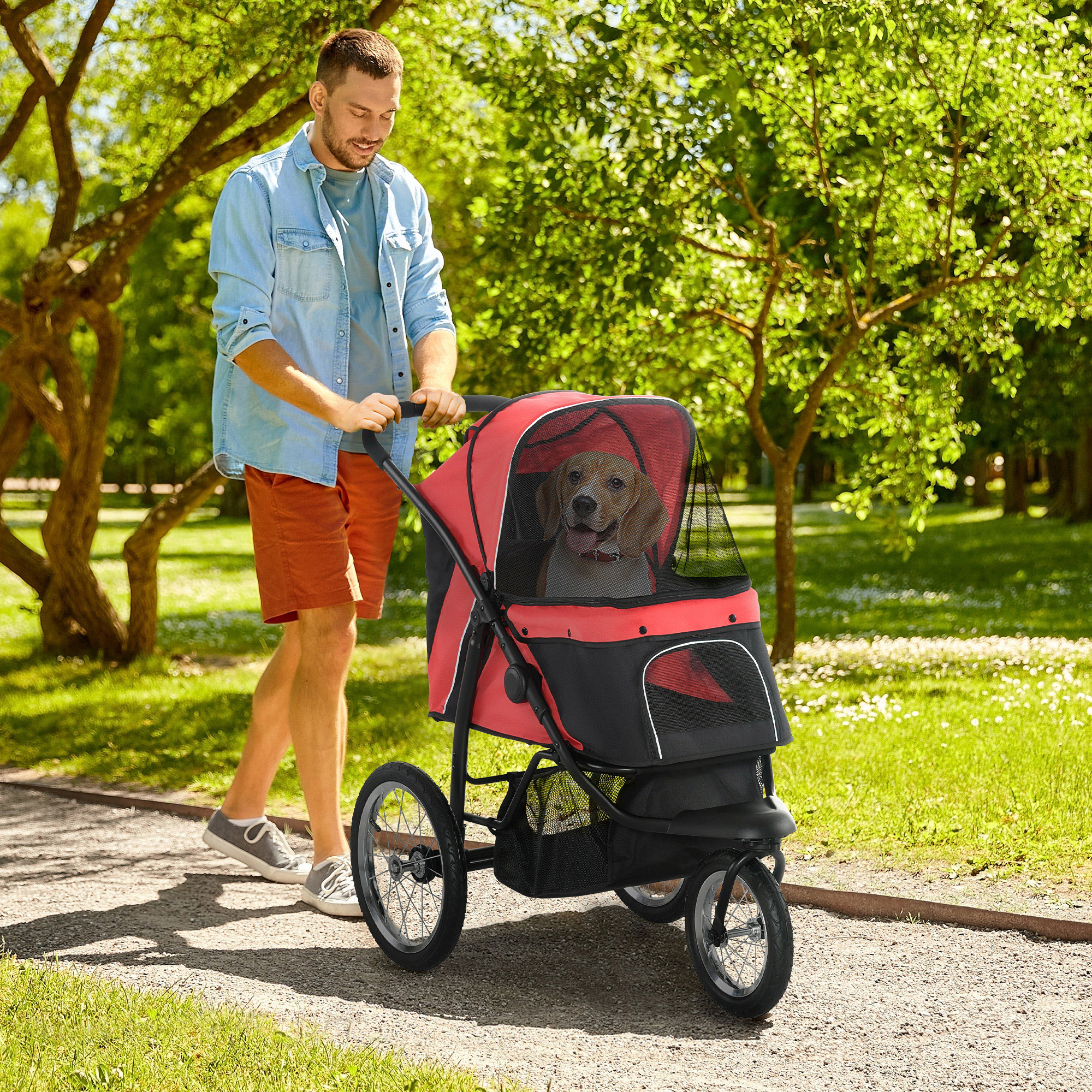 PawHut Pet Stroller for Small and Medium Dogs, 3 Big Wheels Foldable Cat Stroller with Adjustable Canopy, Safety Tether, Storage Basket, Red