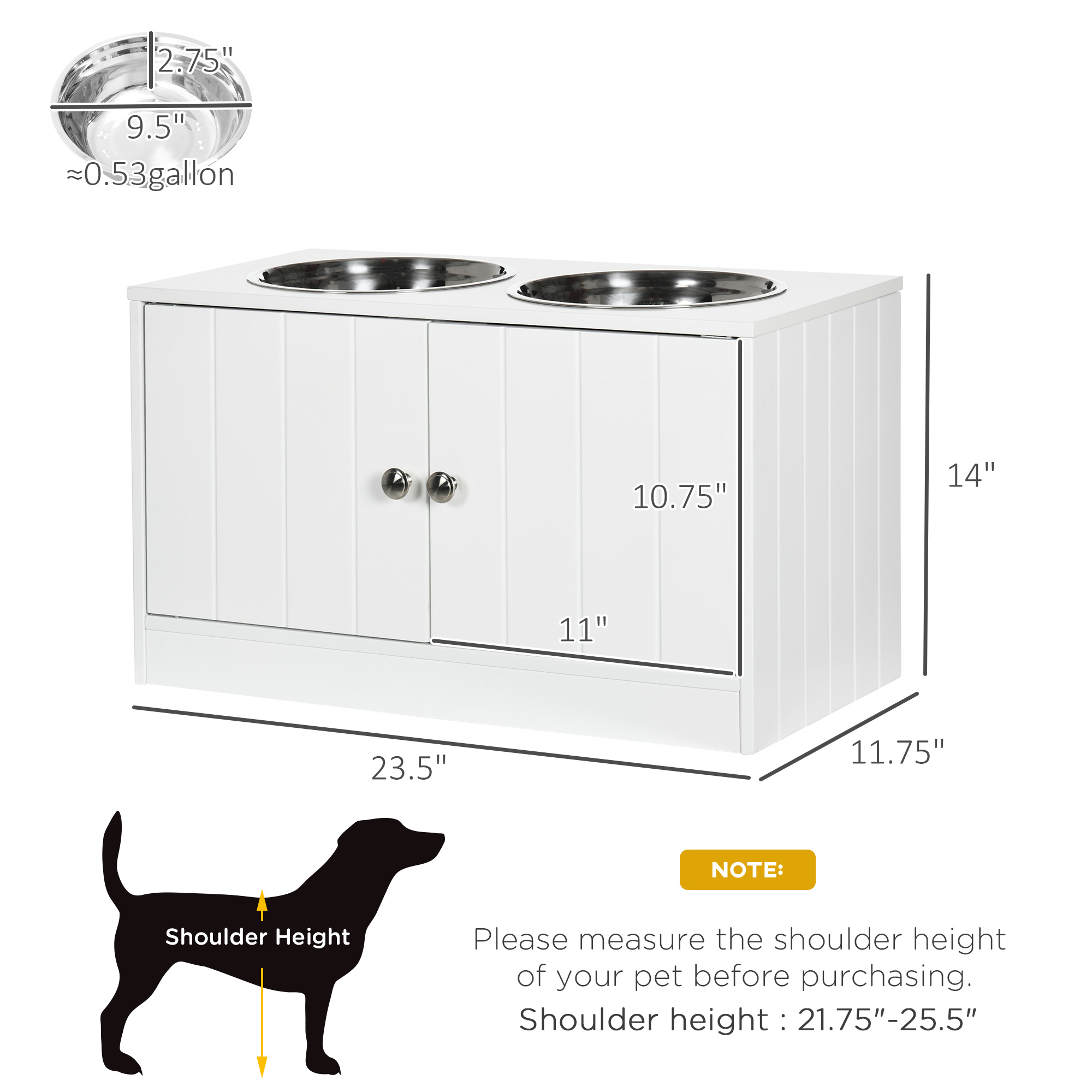 PawHut Large Elevated Dog Bowls with Storage Cabinet Containing Large 44L Capacity, Raised Dog Bowl Stand Pet Food Bowl Dog Feeding Station, White