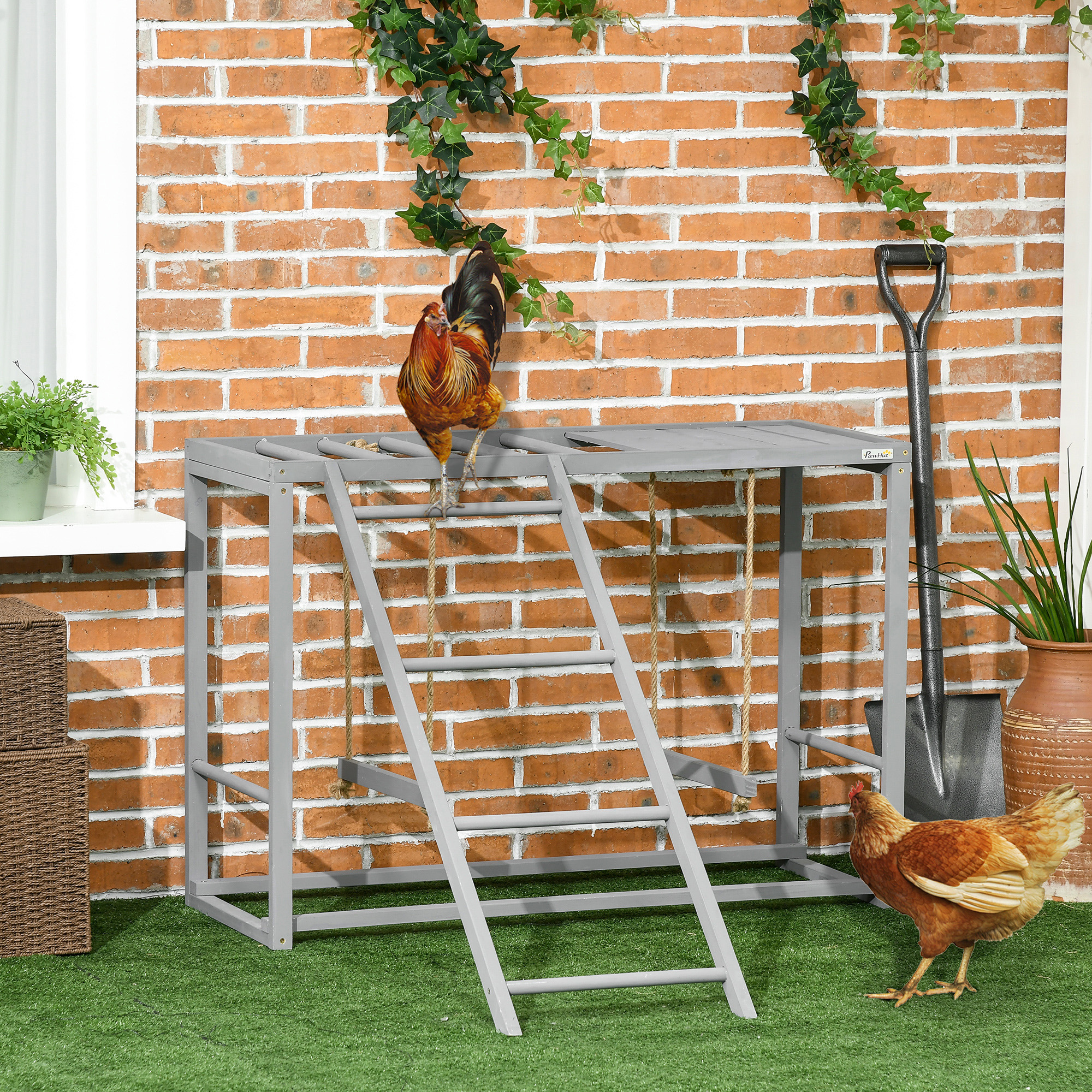 PawHut Chicken Activity Play with Swing Set for 3-4 Birds, Wooden Chicken Coop Accessory with Multiple Chicken Perches & Hen Ladder Gray