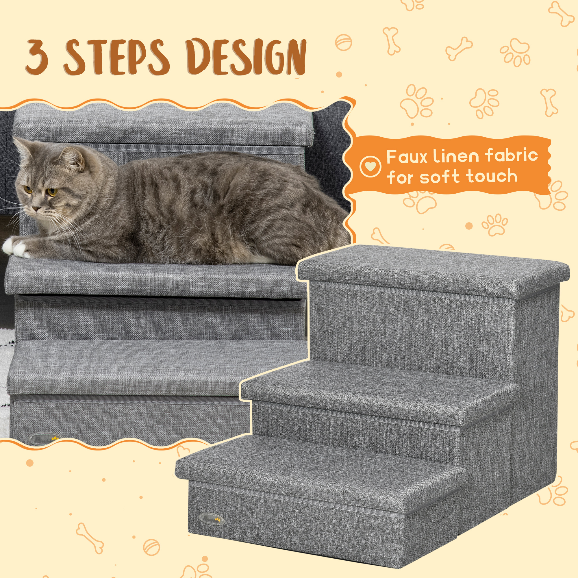 PawHut 3-Steps Pet Stairs with Storage, Dog Steps for Couch, Bed, Pet Steps for Injured Pet, Older Pets, Small Cats, gray