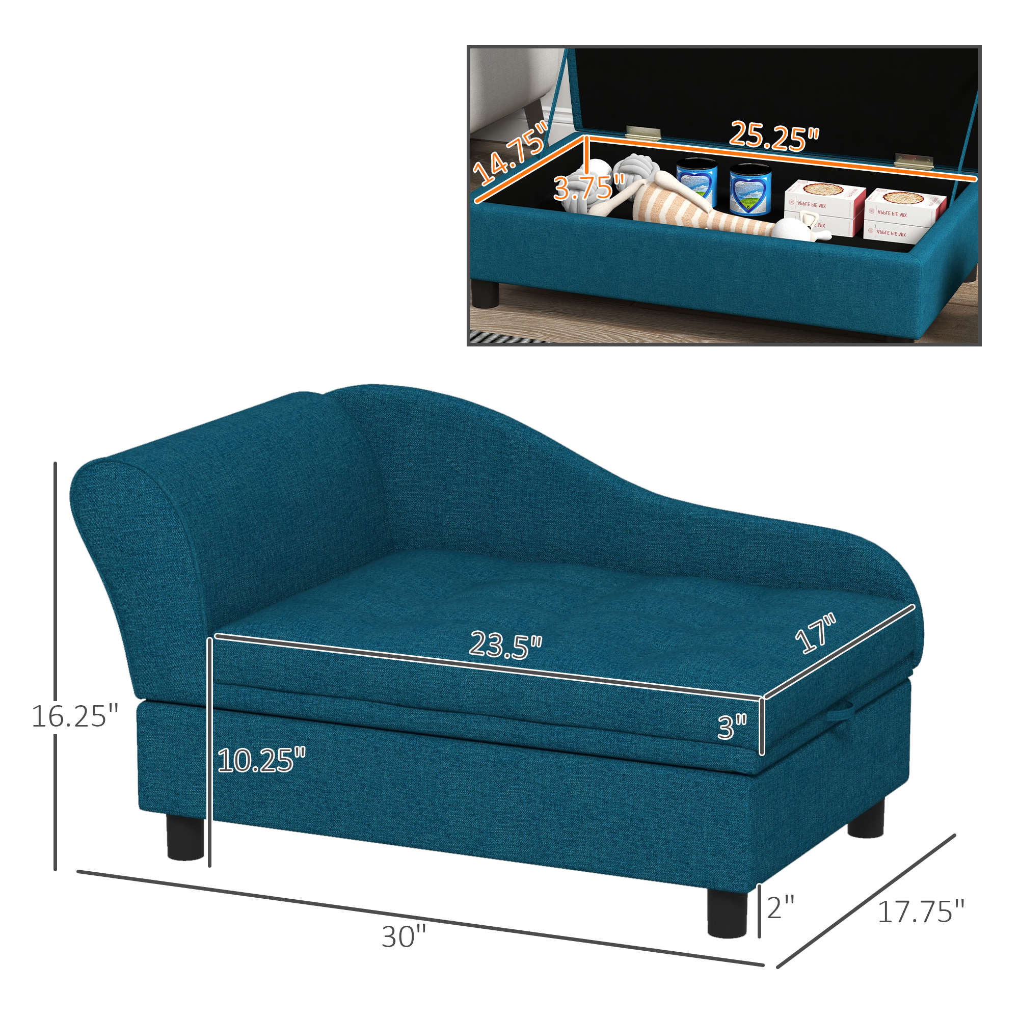 PawHut Pet Sofa, Dog Couch, Elevated Pet Bed for Small and Medium Dogs, with Hidden Storage, Soft Tufted Cushion, Dark Blue