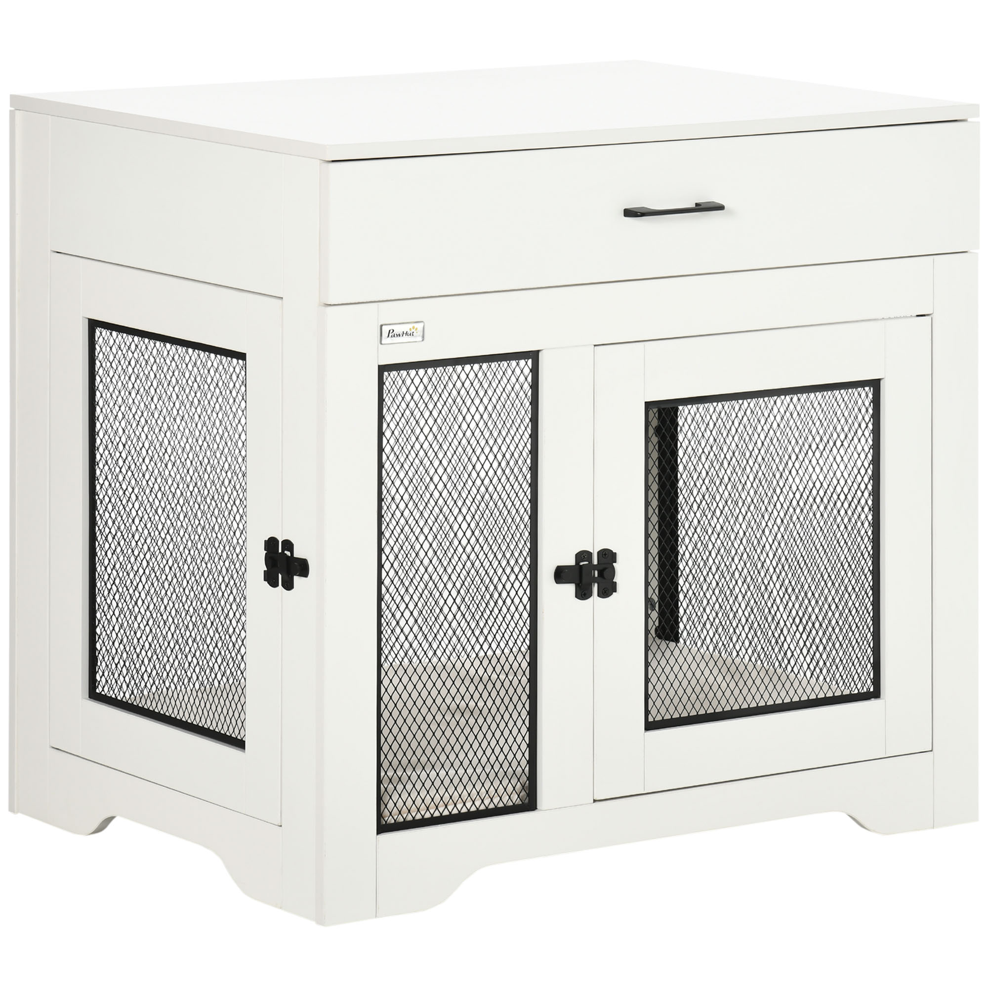 PawHut Dog Crate Furniture with Soft Water-Resistant Cushion, Dog Crate End Table with Drawer, Puppy Crate for Small Dogs Indoor with 2 Doors, White