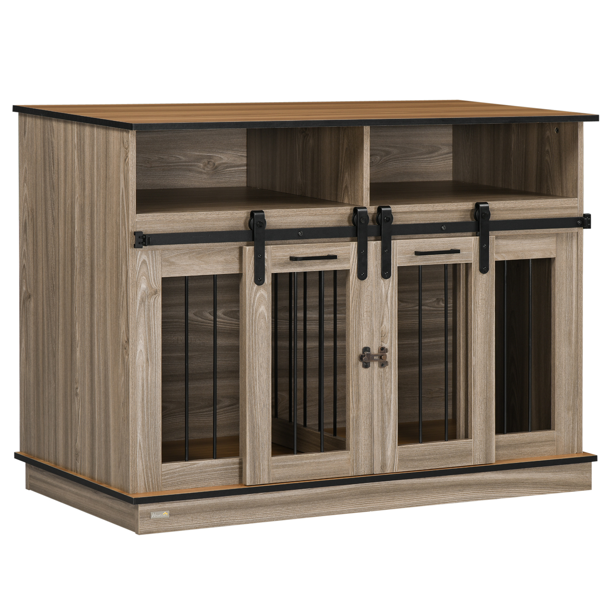 PawHut Dog Crate Furniture for Large Dogs or Double Dog Kennel for Small Dogs with Shelves, Sliding Doors, 47" x 23.5" x 35", Oak